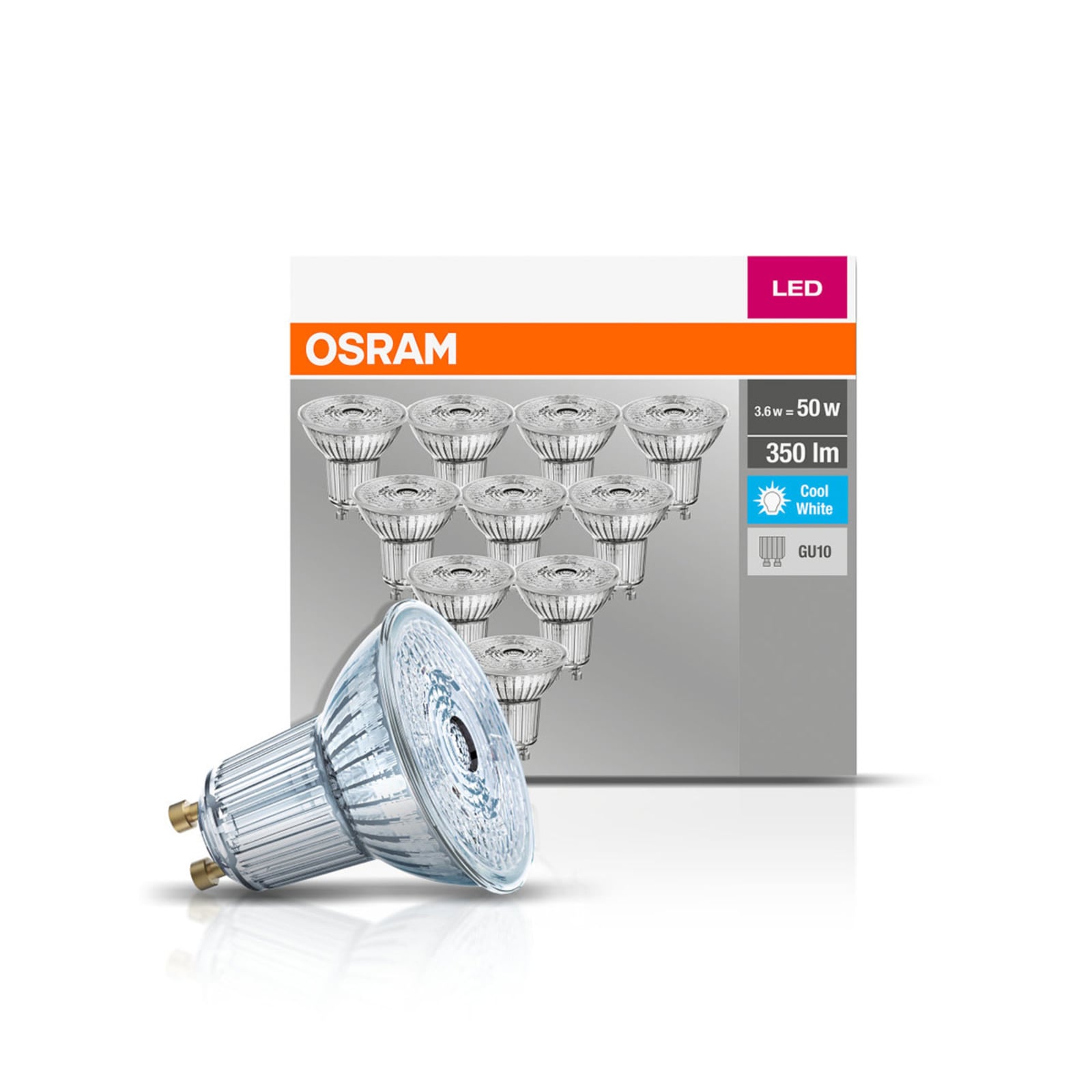 LED-reflektorpære GU10 4,3W 4000K 350lm 10-pack - OSRAM forfra