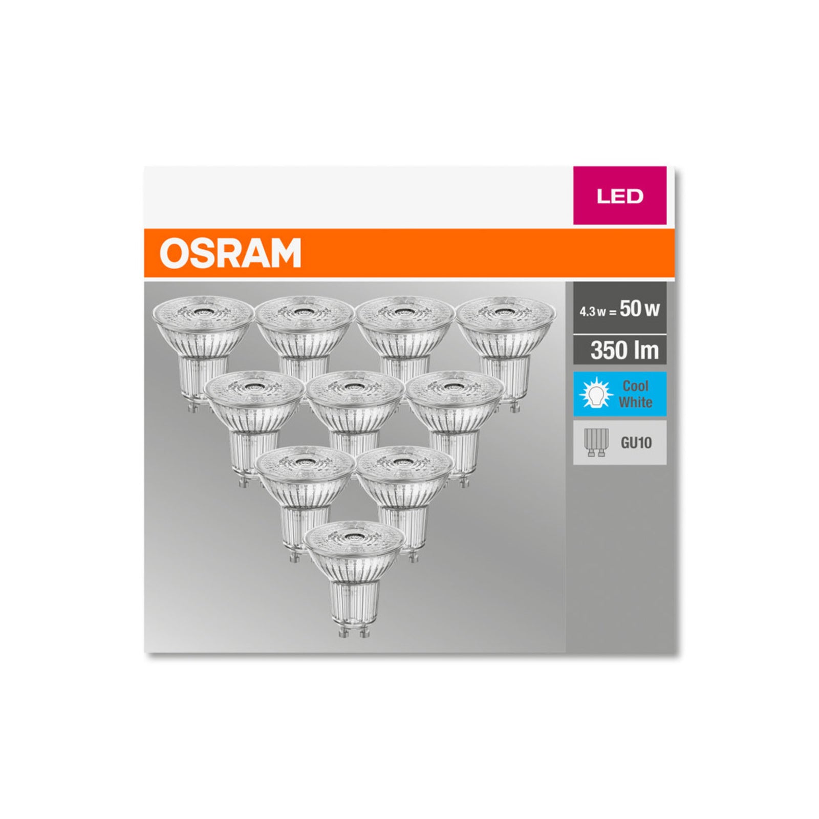 LED-reflektorpære GU10 4,3W 4000K 350lm 10-pack - OSRAM montert i taklampe