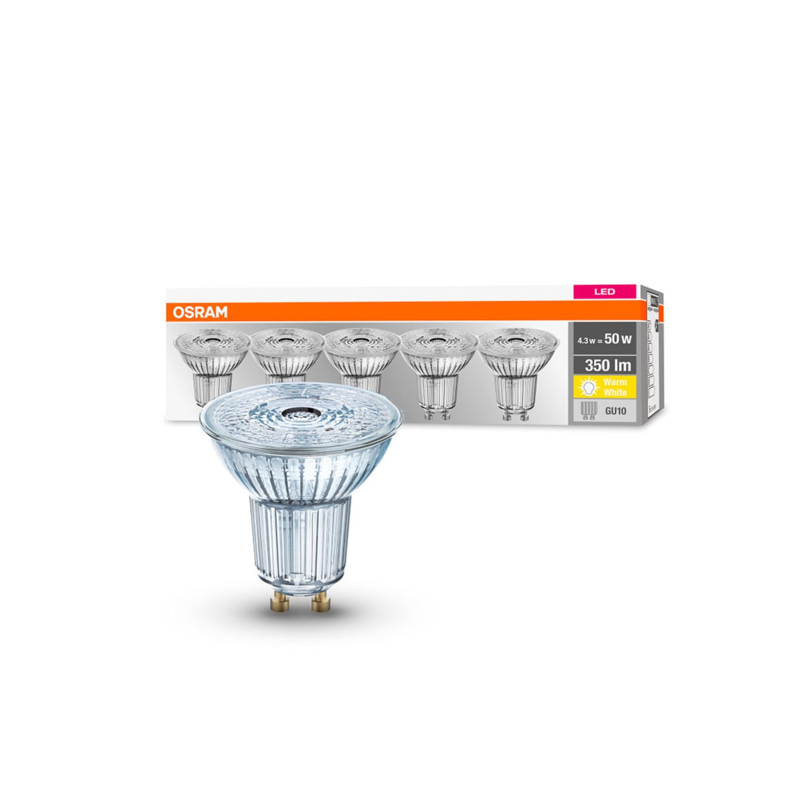 LED reflektorpære GU10 4,3W 2700K 350lm 36° 5-pack - OSRAM forfra