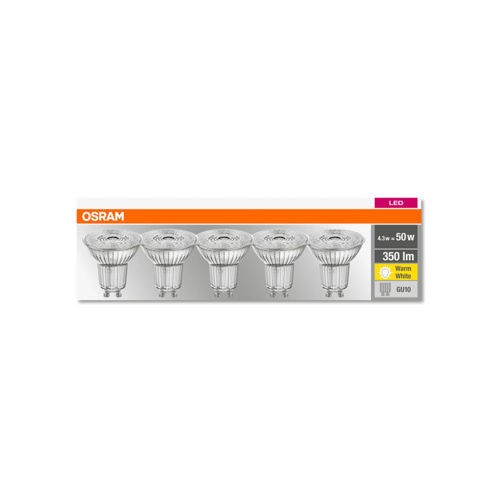 LED reflektorpære GU10 4,3W 2700K 350lm 36° 5-pack - OSRAM montert i lampe