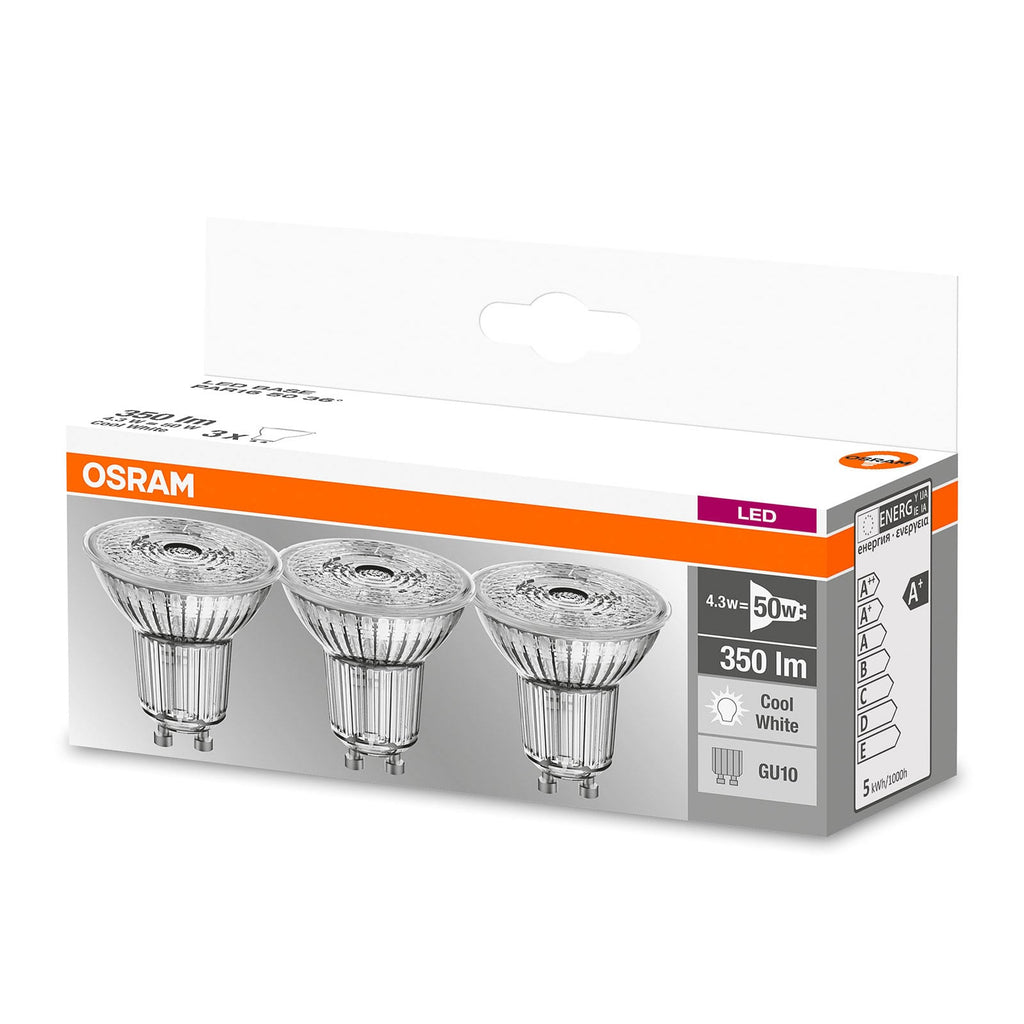 Montert LED-reflektorpære GU10 4,3W 4000K nøytralhvit 3-pakning OSRAM i lampe