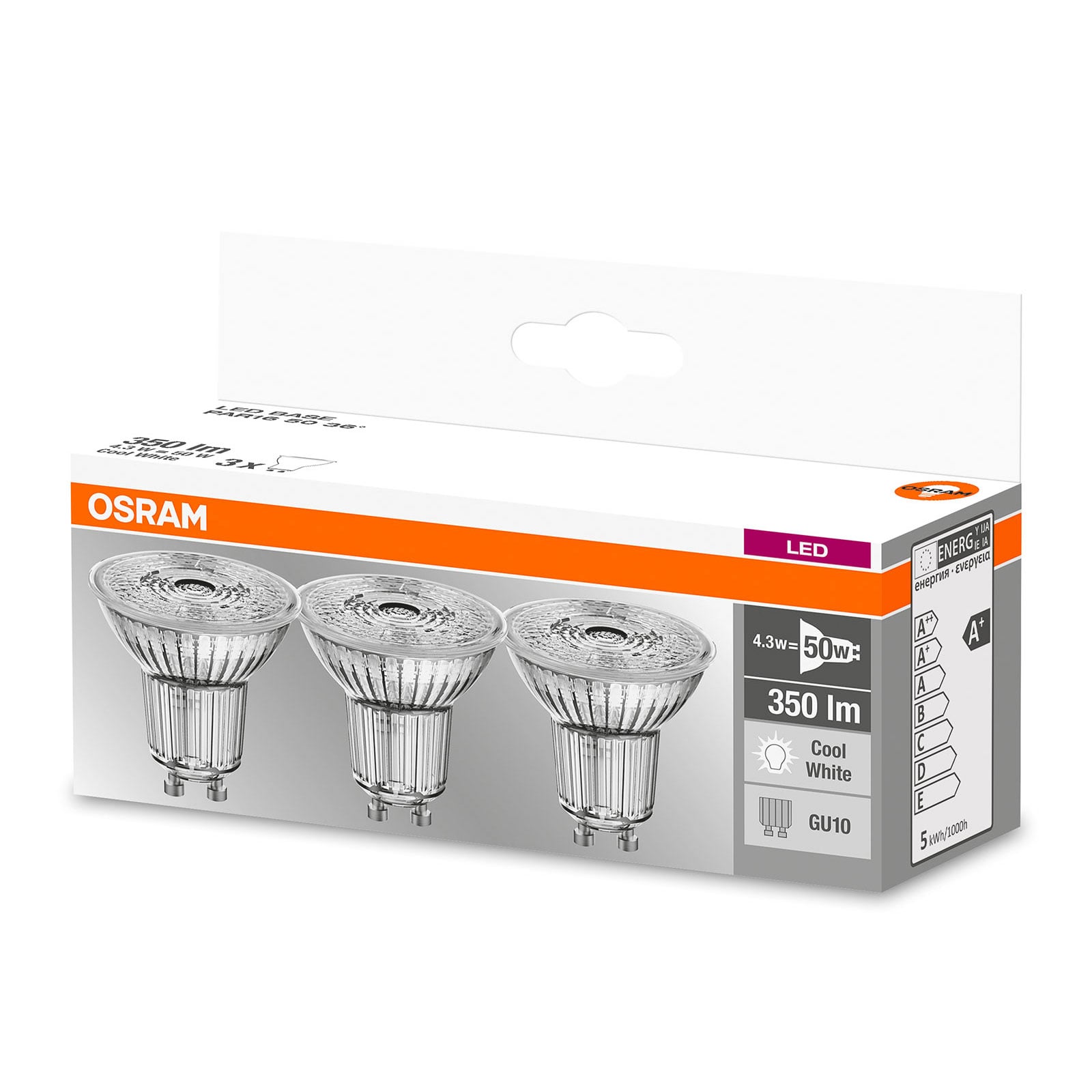 Montert LED-reflektorpære GU10 4,3W 4000K nøytralhvit 3-pakning OSRAM i lampe