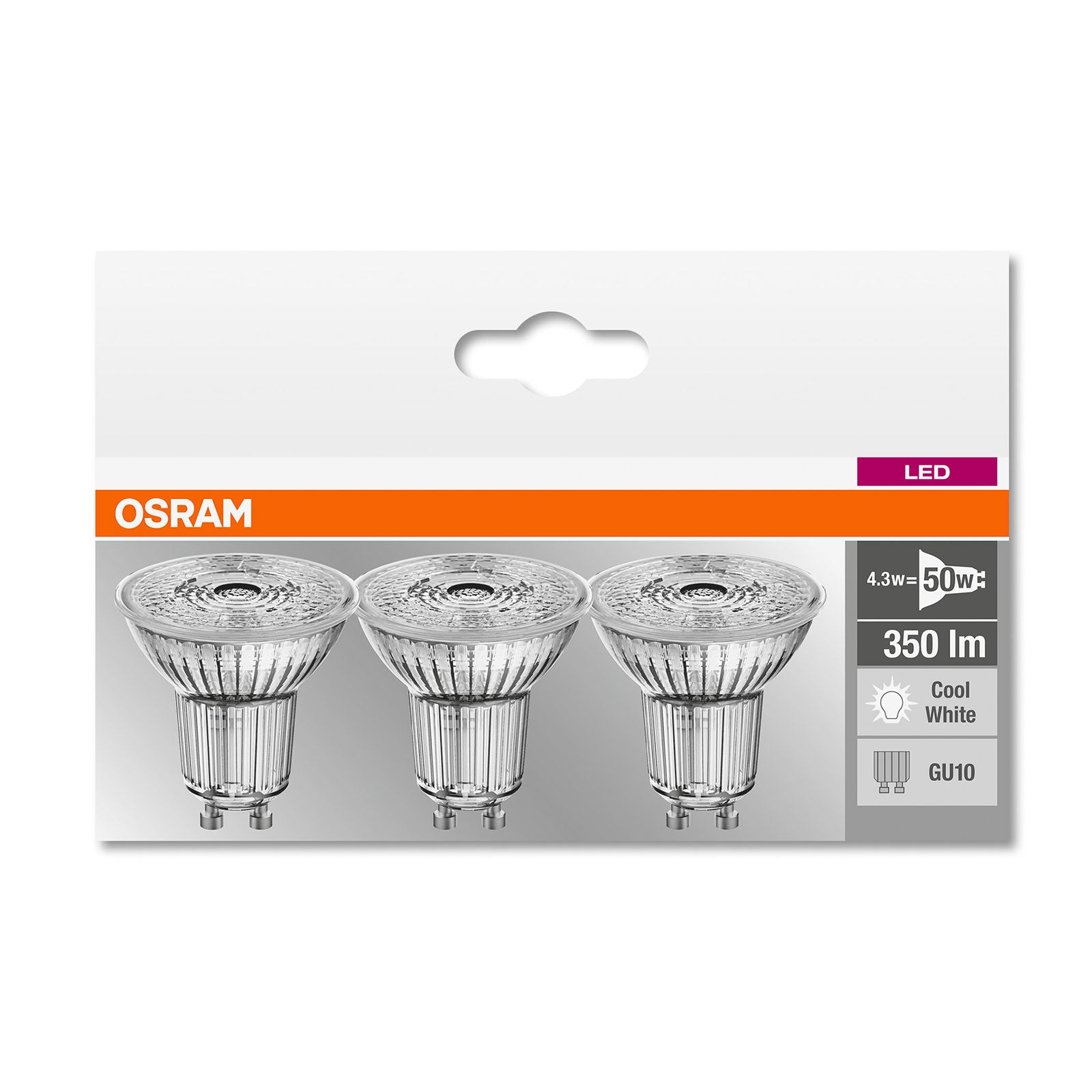 Nærbilde av LED-reflektorpære GU10 4,3W 4000K nøytralhvit 3-pakning OSRAM