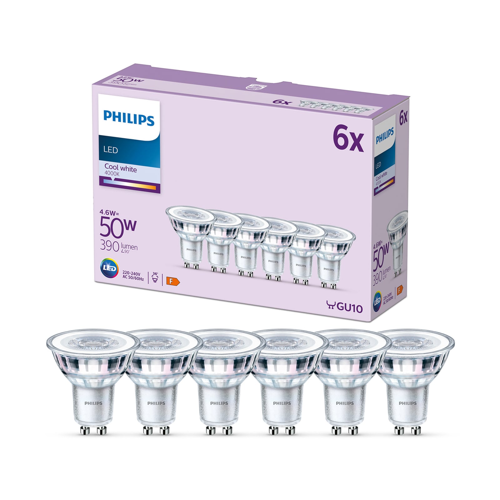 LED reflektorpære GU10 4,6W 4000K 390lm 36° 6-pakning - Philips forfra