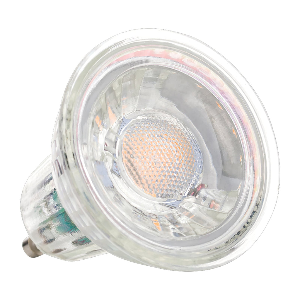 LED-reflektorpære GU10 5W 3000K dimbar klar glass Ra95 forfra