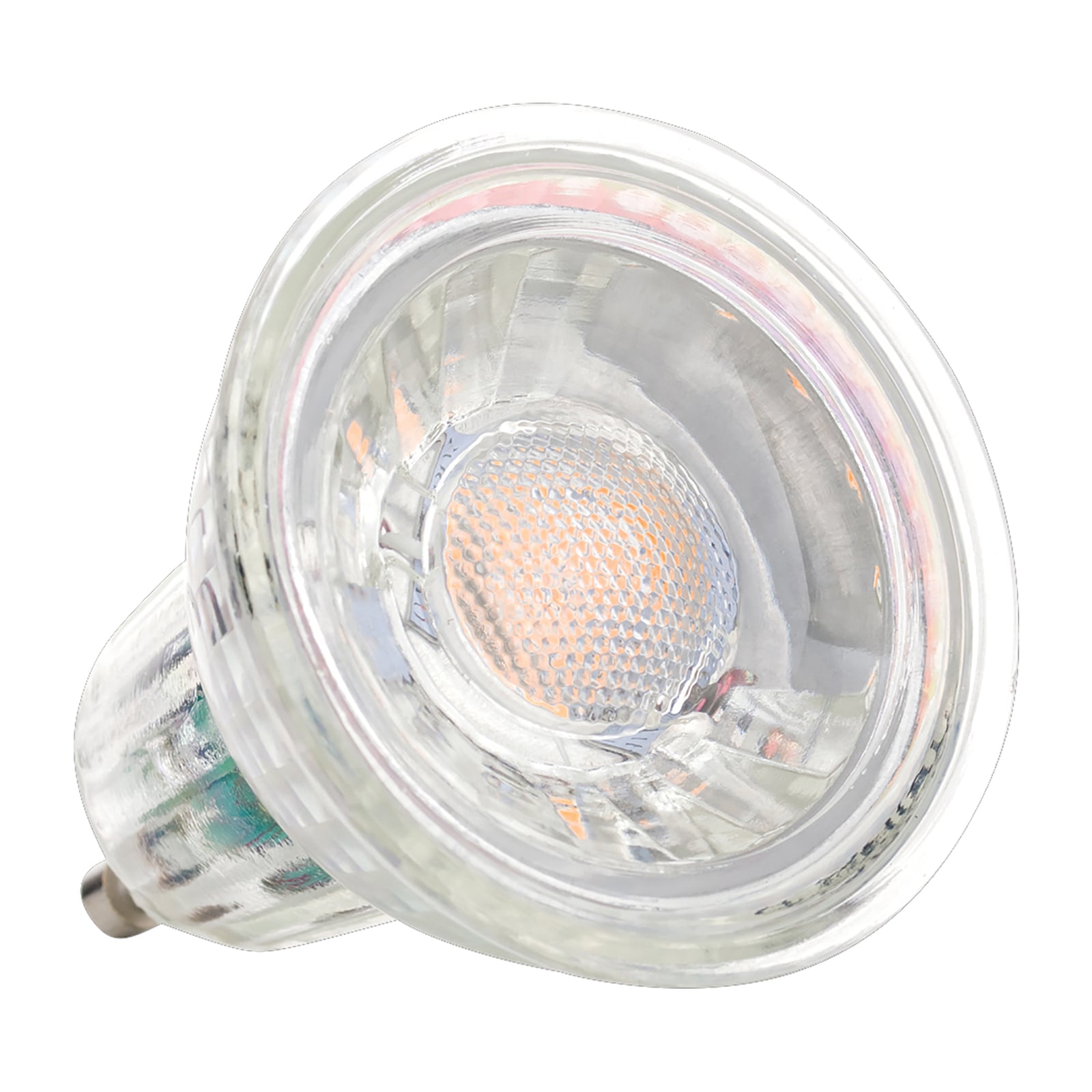 LED-reflektorpære GU10 5W 3000K dimbar klar glass Ra95 forfra