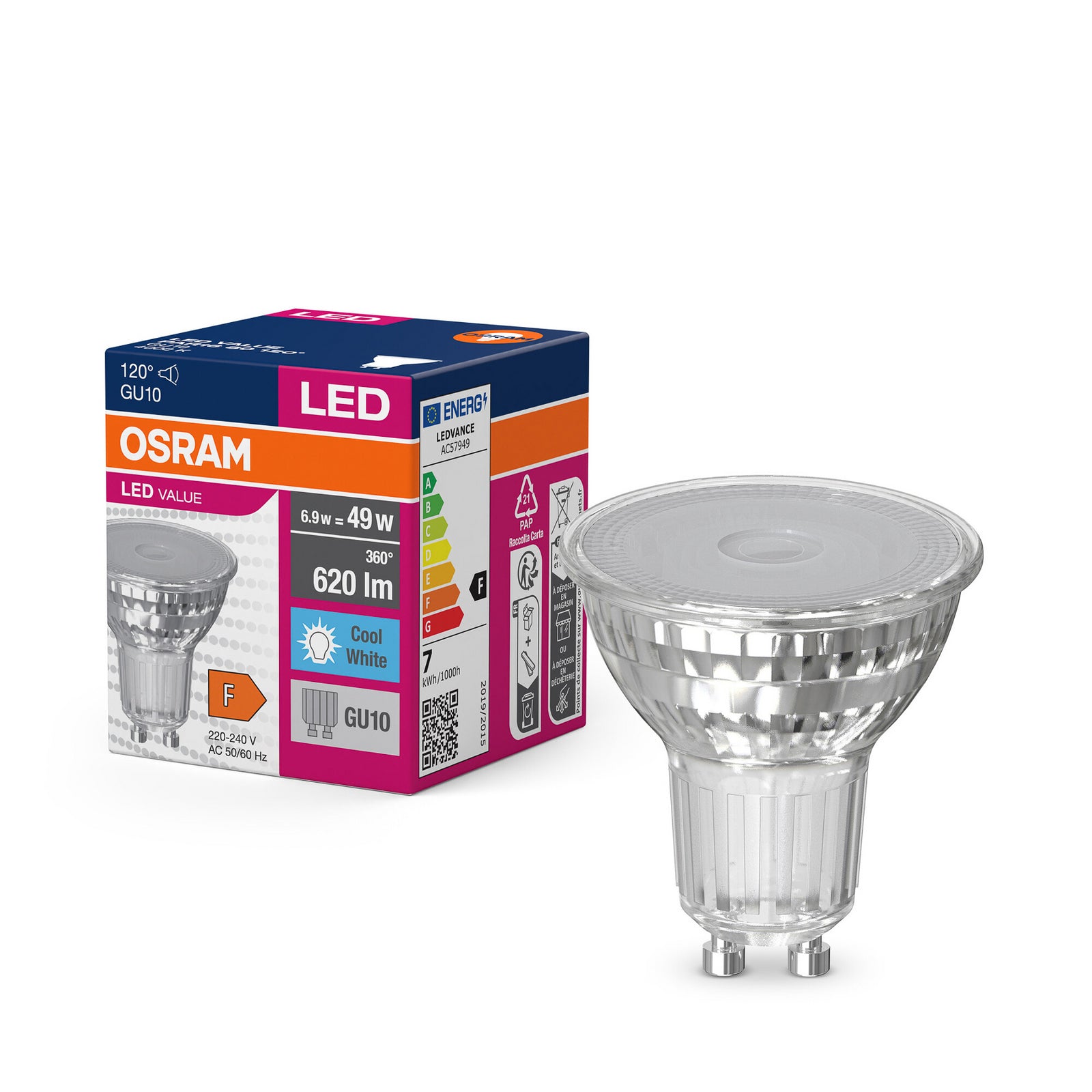 Baksiden av LED reflektorpære GU10 6,9W 4000K 120° klar - OSRAM
