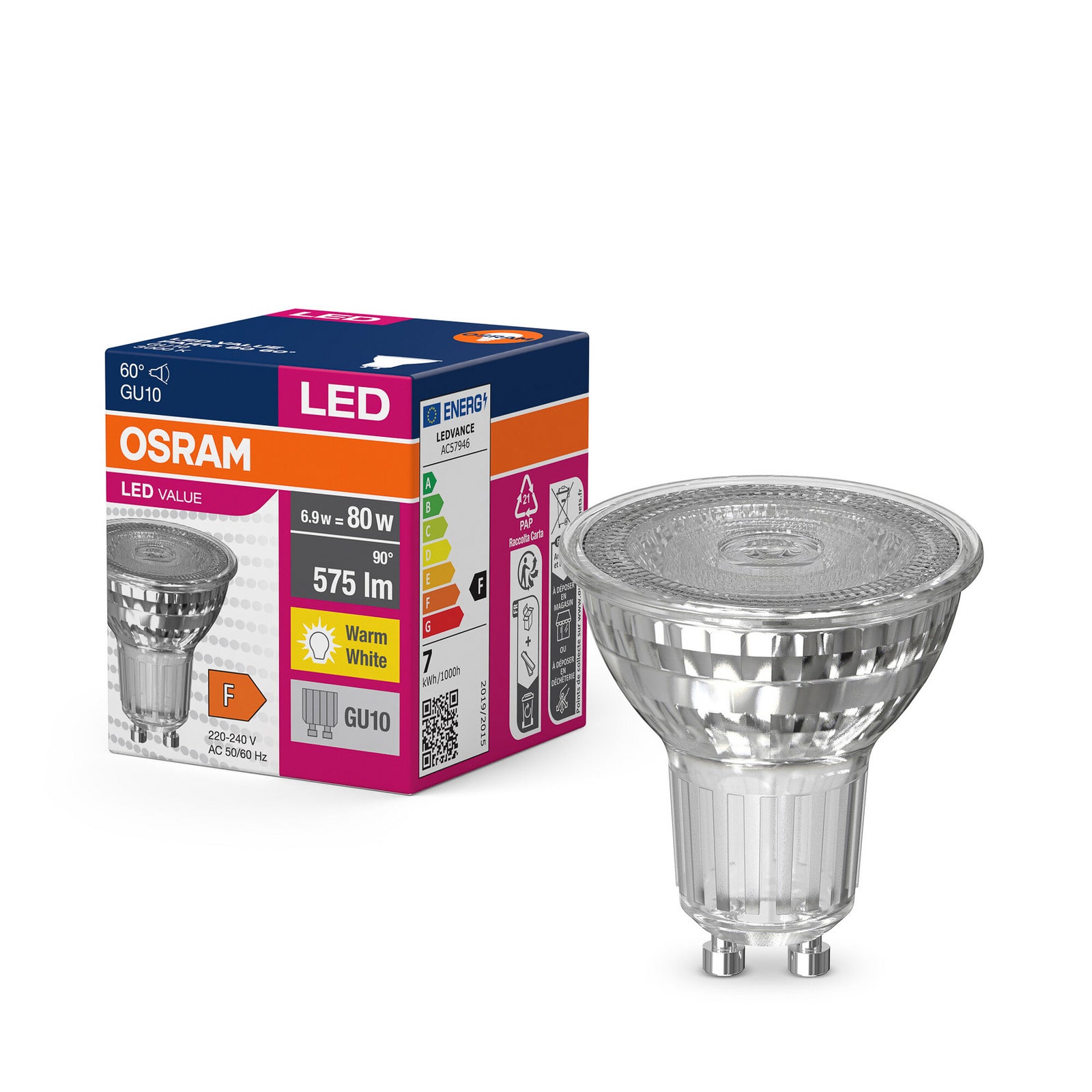 Bakside av LED reflektorpære GU10 6,9W 3000K 60° 575 lm klar OSRAM