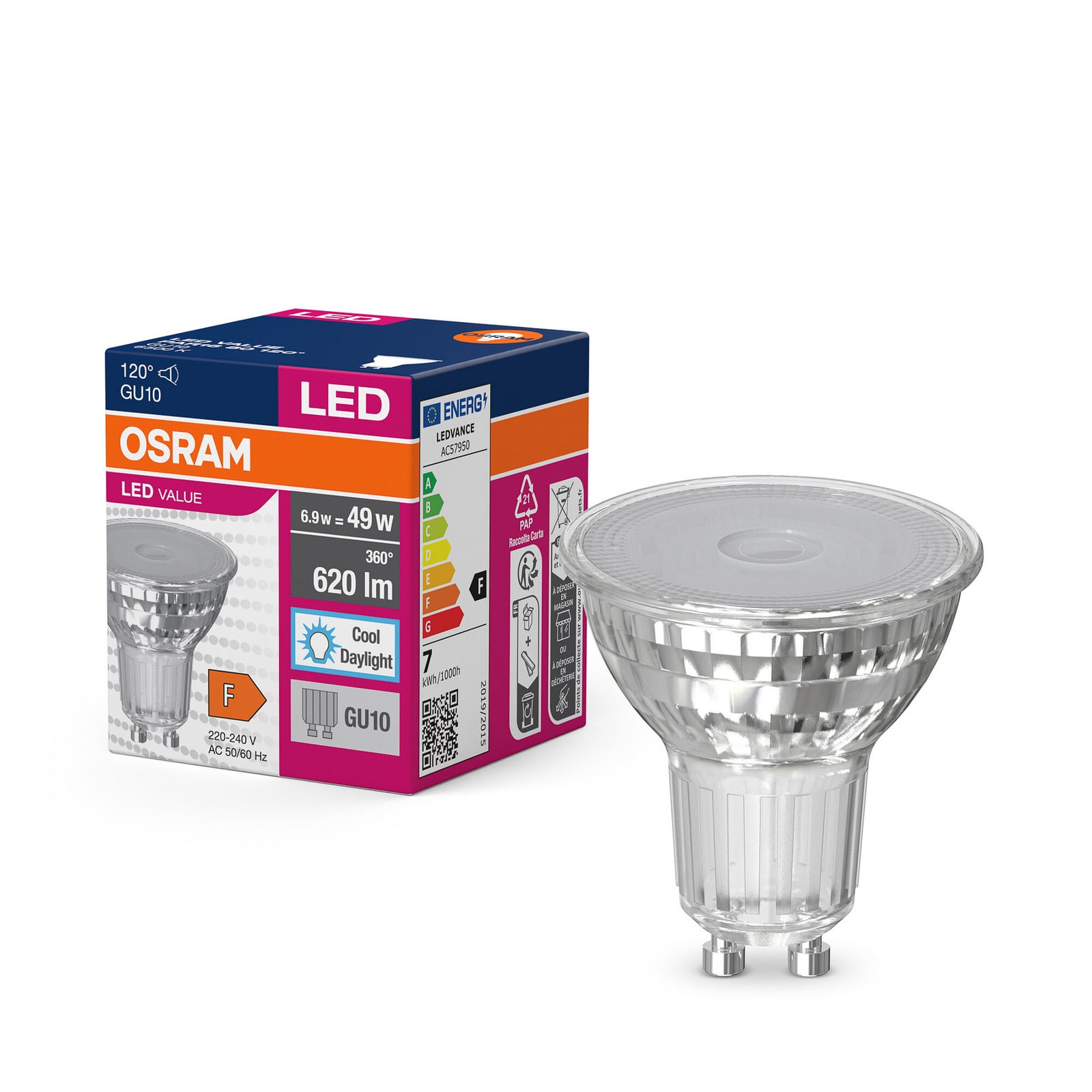 LED-reflektorpære GU10 6,9W 6500K 620lm 120° klar fra OSRAM forfra