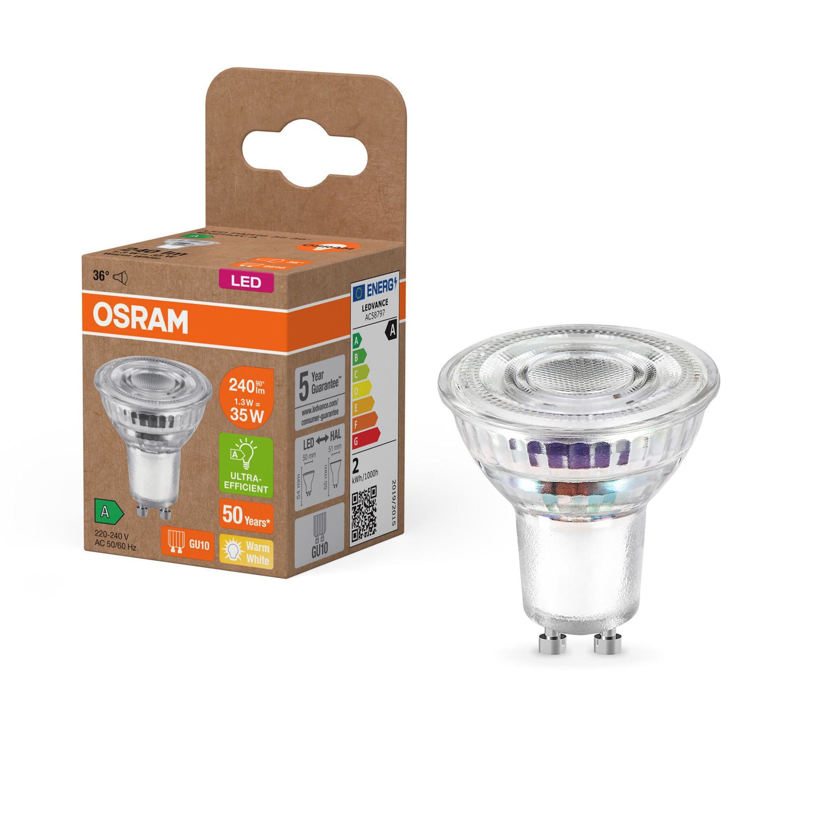 Detaljbilde av LED reflektorpære PAR16 GU10 1,4W 2700K 36° klar OSRAM