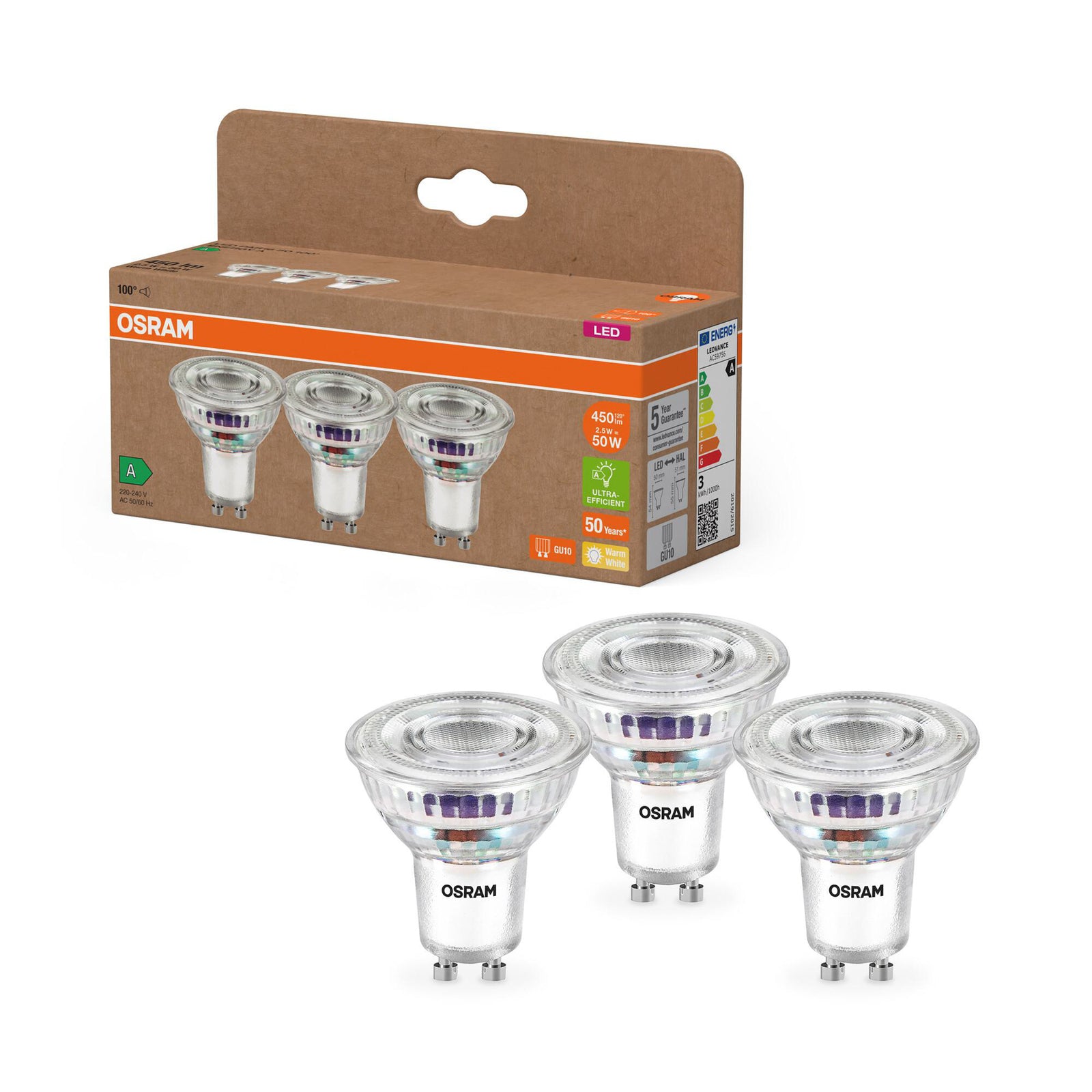 LED reflektorpære PAR16 GU10 2,5W 2700K 100° 3-pk OSRAM detalj