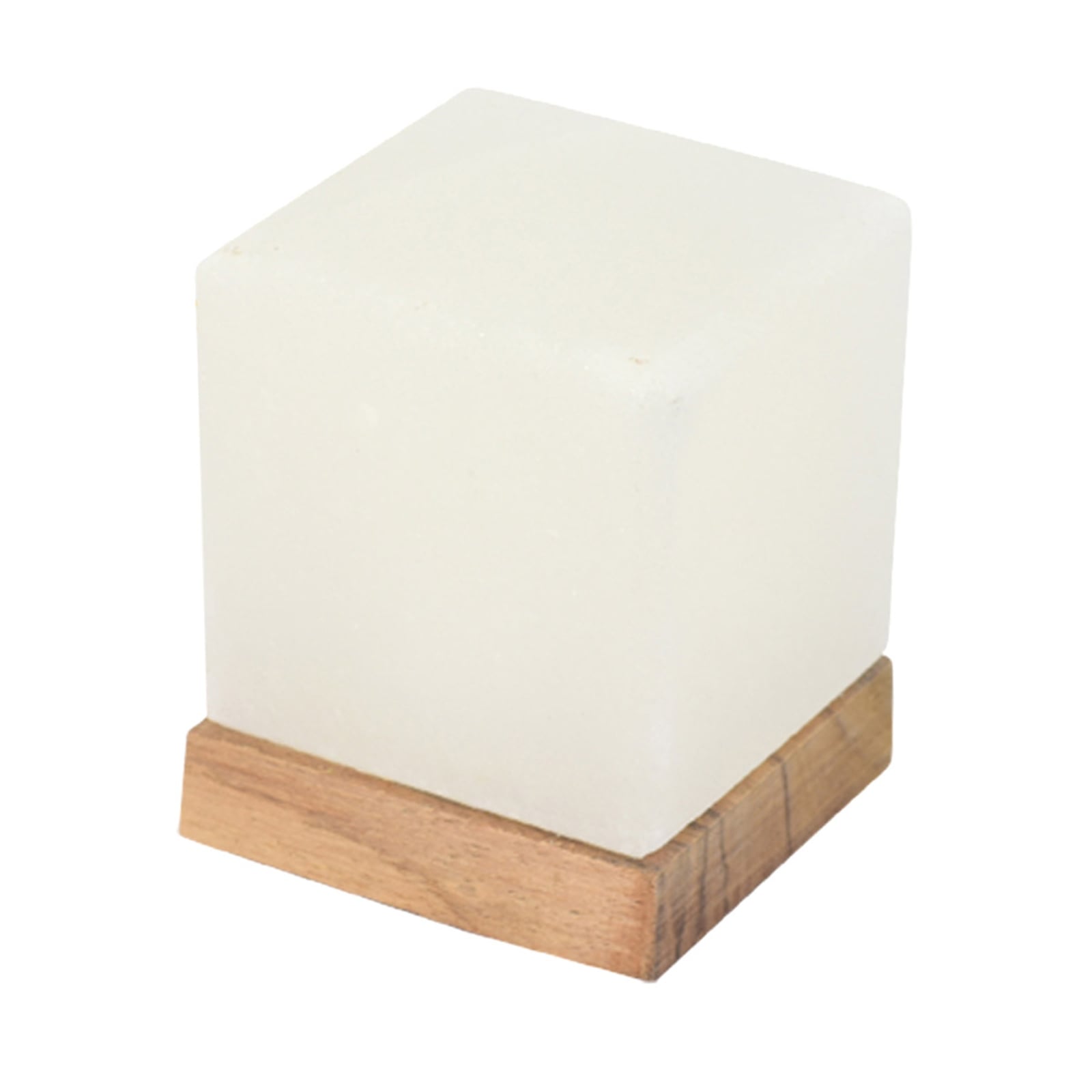 LED saltlampe kubeformet hvit med tresokkel 9 cm detalj
