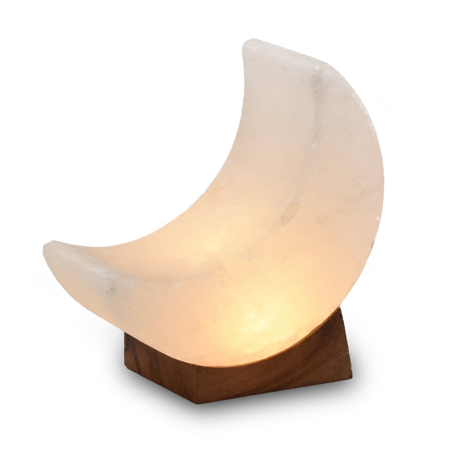LED saltlampe måneformet hvit med tresokkel USB sett forfra
