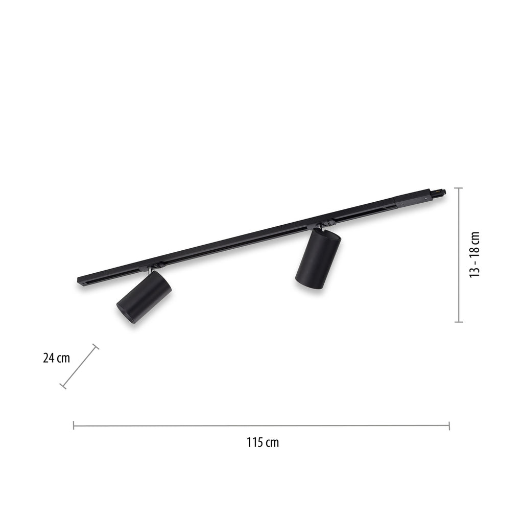 LED skinnesystem 2 spotter svart 115 cm dimbar PURE detalj av spot