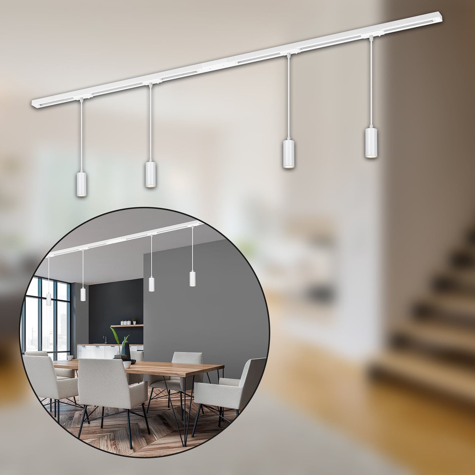 LED skinnesystem 4 pendellamper hvit 150 cm dimbar detalj