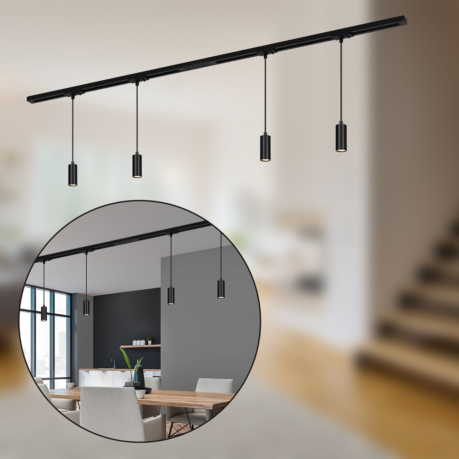 LED skinnesystem 4 pendellamper svart 150 cm dimbar detalj av lampe