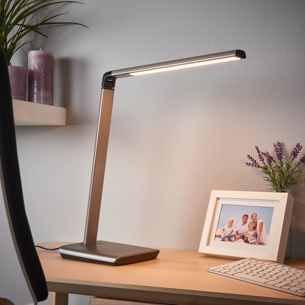 LED skrivebordslampe Kuno grå USB berøringsdimmer forfra