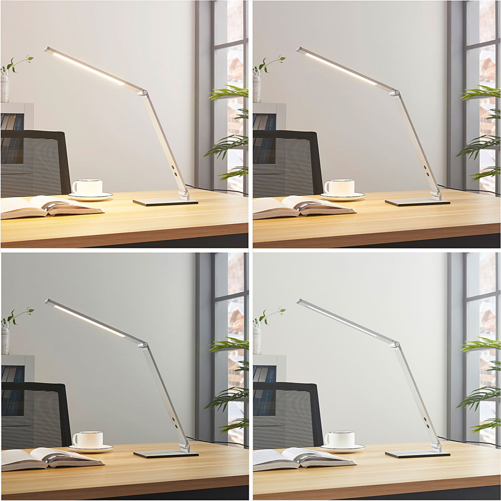 LED skrivebordslampe Nicano grå aluminium dimbar CCT montert på skrivebord