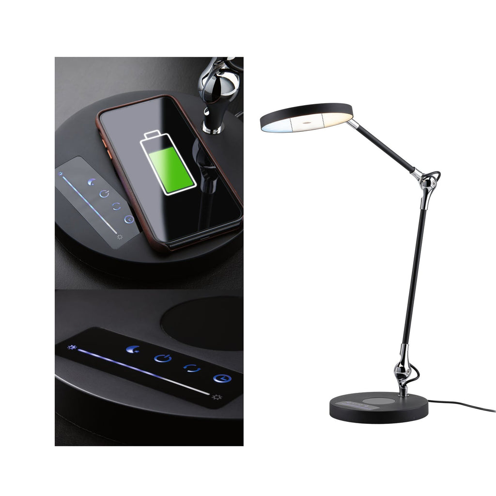 LED skrivebordslampe Numis dimbar CCT med trådløs lading svart forfra