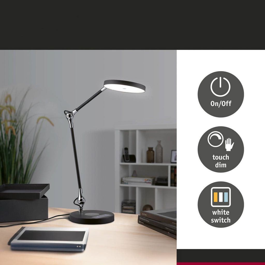 LED skrivebordslampe Numis dimbar CCT svart 11W Paulmann lyser på arbeidsflate