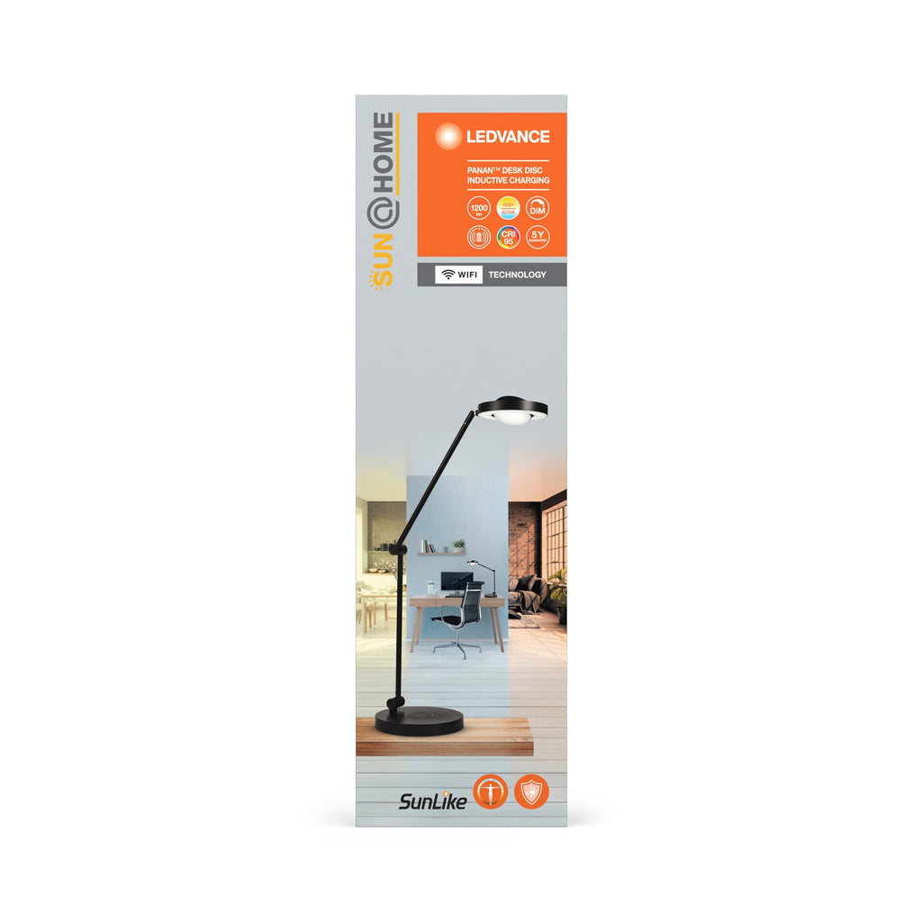 QI-ladestasjon i foten på LED skrivebordslampe Panan Desk Disc dimbar CCT Ra95 svart