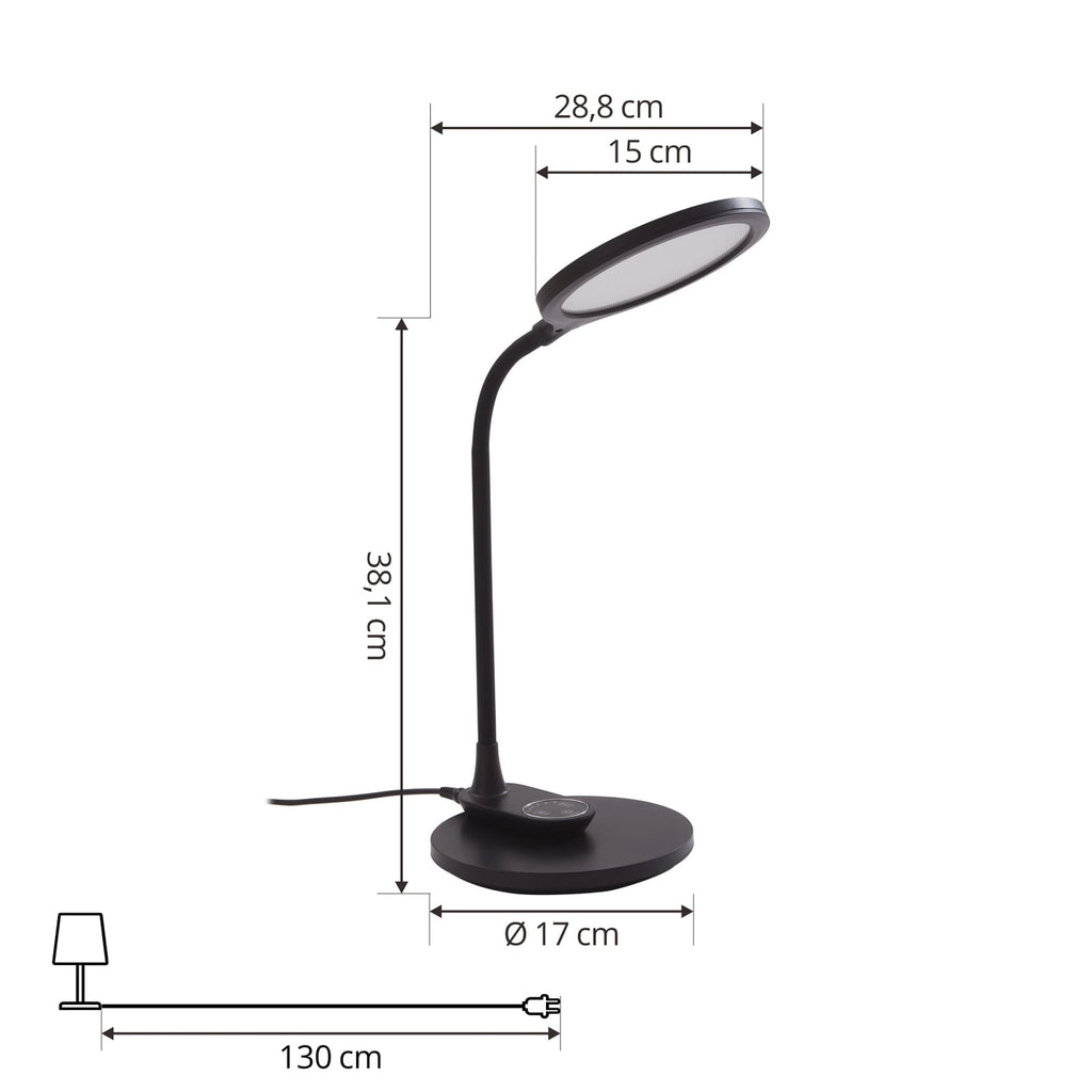 LED skrivebordslampe Valtaria svart CCT dimbar 38 cm fleksibel arm nærbilde