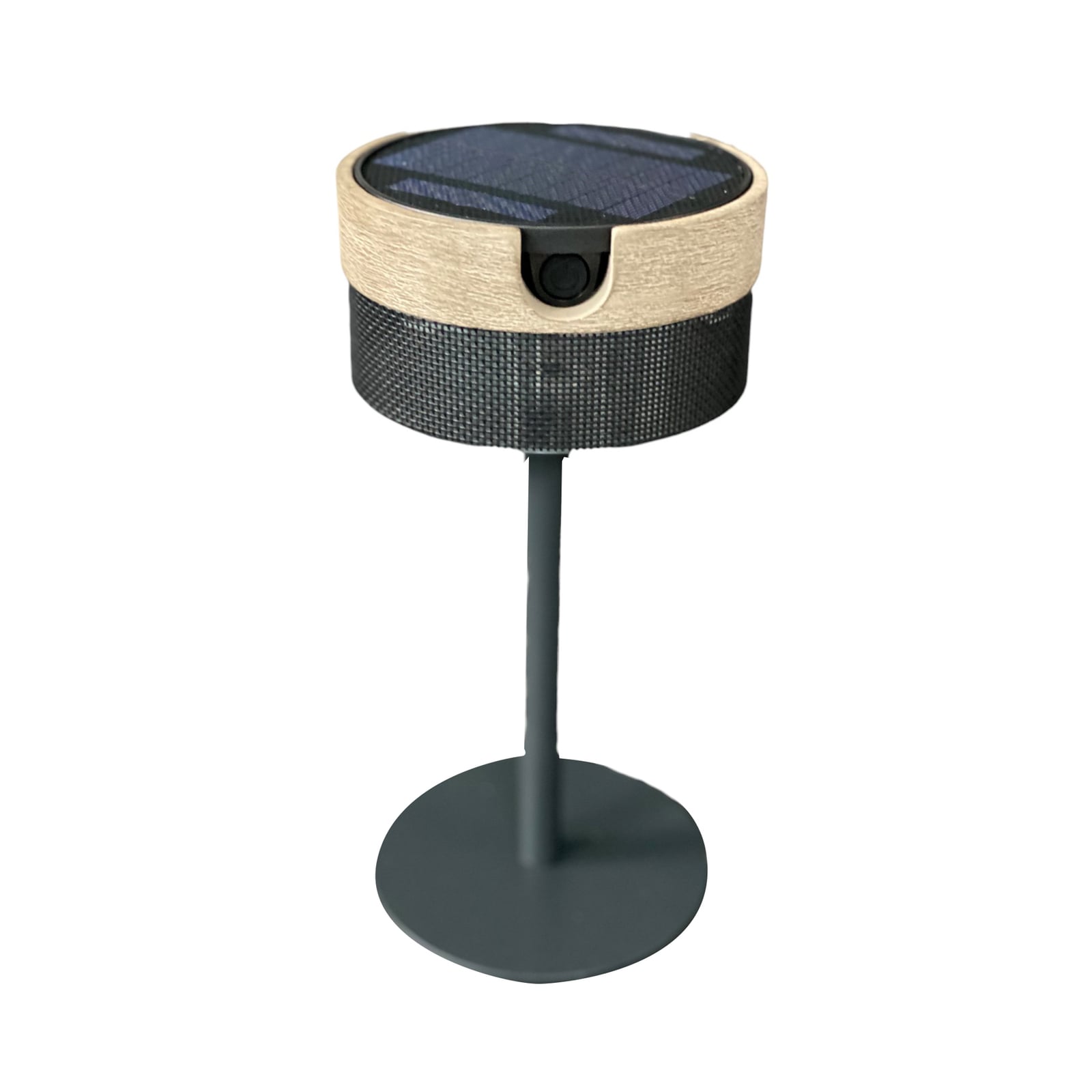 LED solcelle-bordlampe Bateak svart/teak detalj og USB-C port