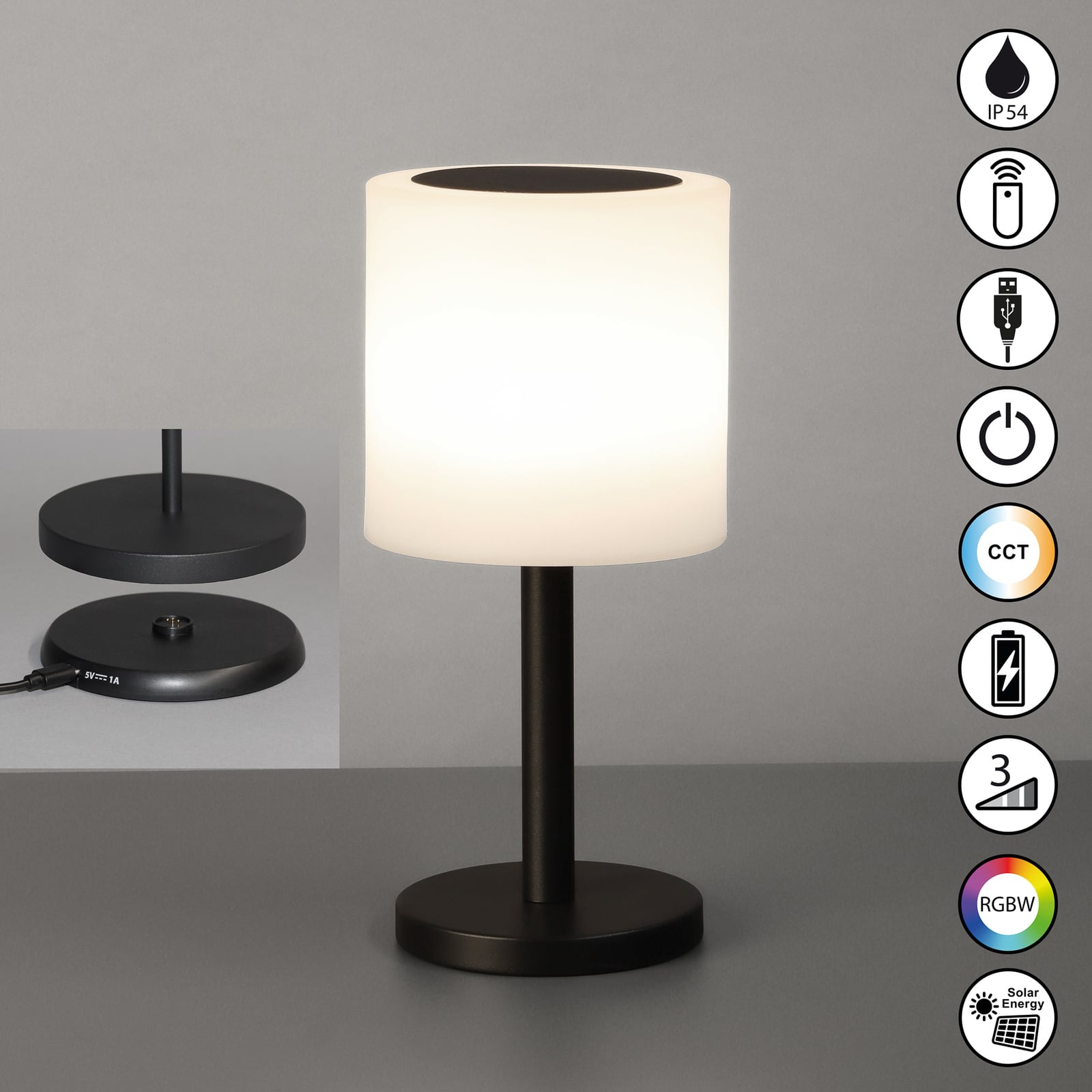 Nærbilde av LED solcelle-bordlampe Milano Pro RGBW IP54
