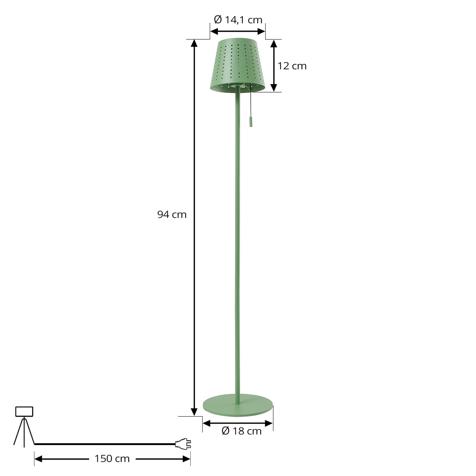 Nærbilde av trekkbryter på LED solcelle gulvlampe Hilario grønn dimbar IP44