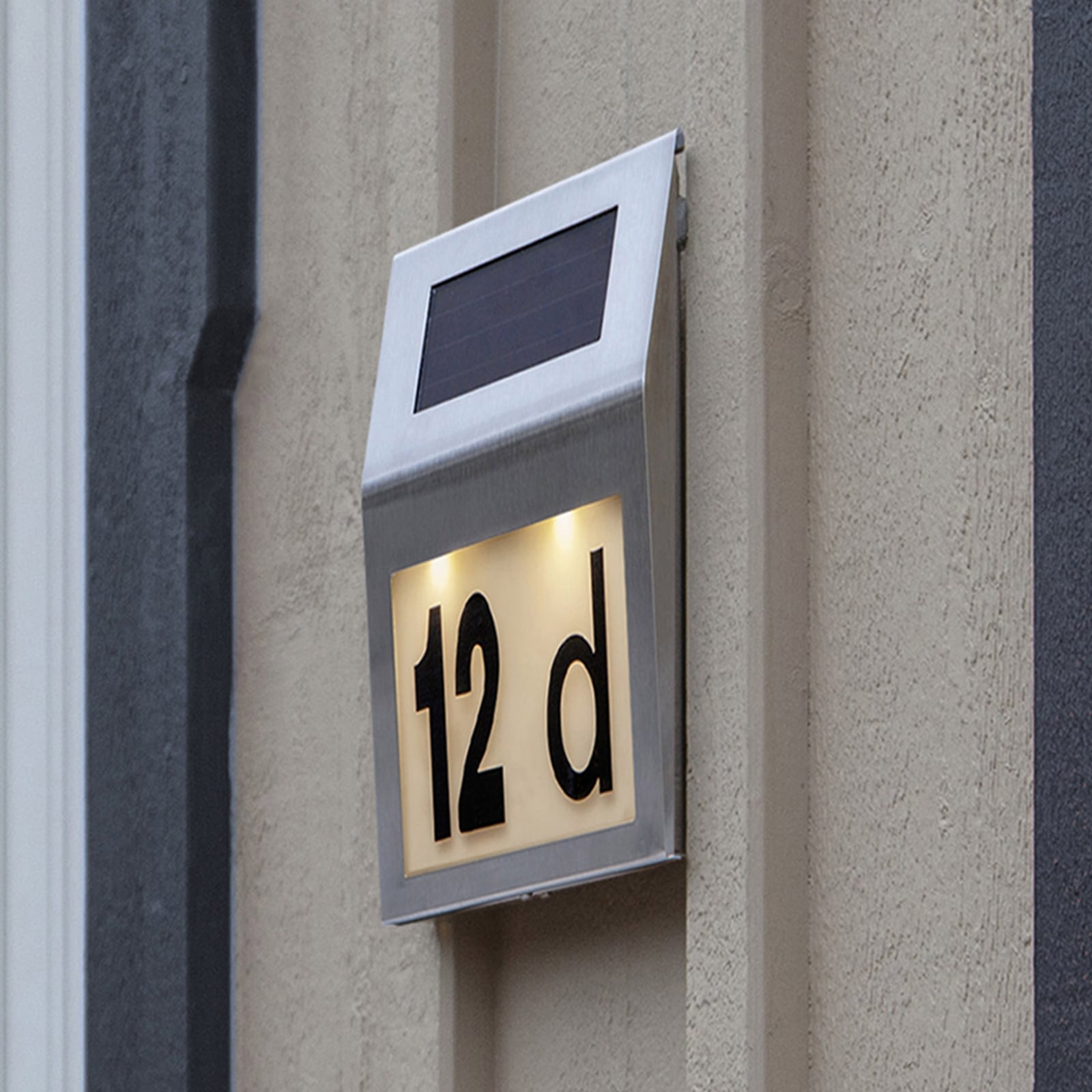LED solcelle-husnummerbelysning Wally IP44 varmhvit forside