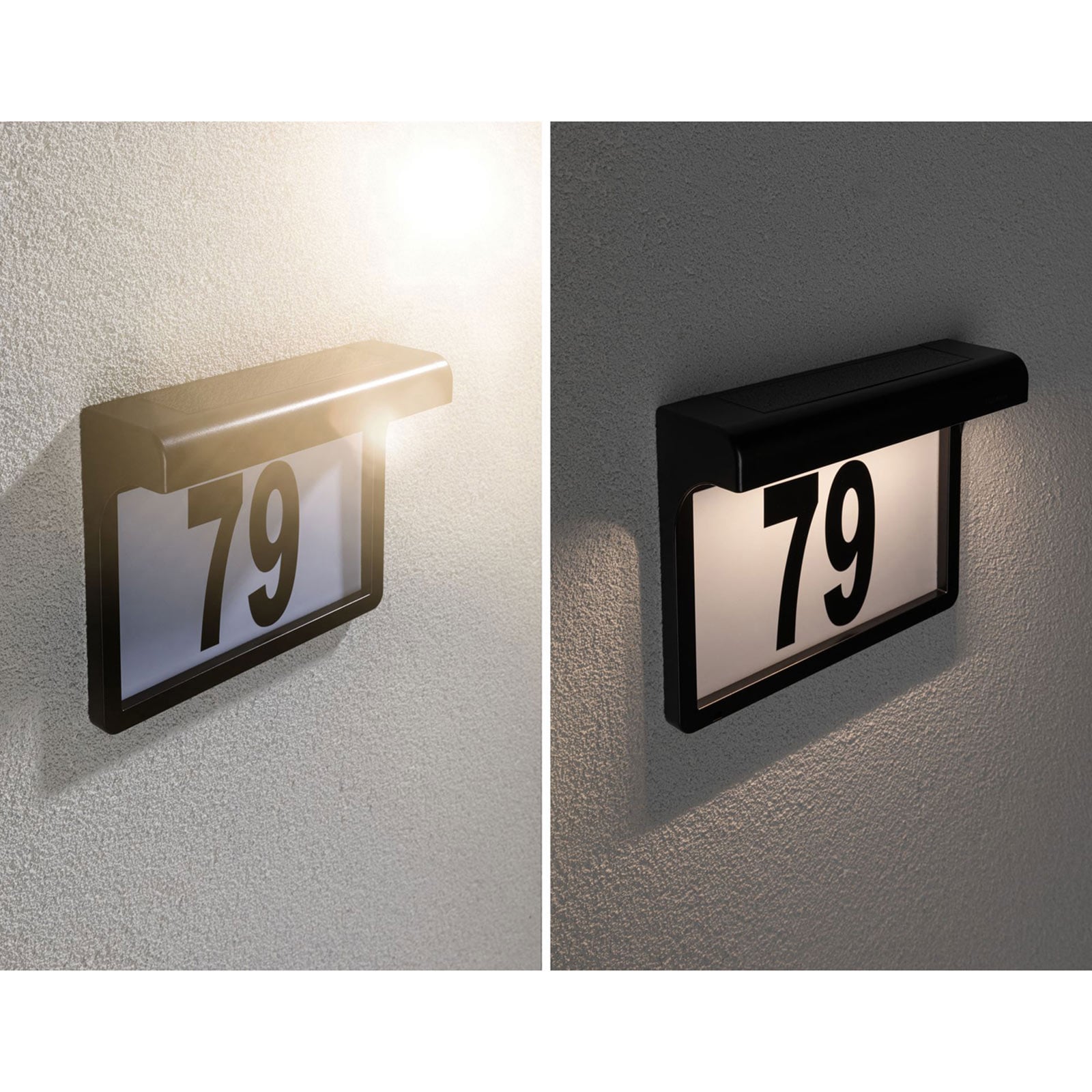 Montert LED solcelle-husnummerlampe Dayton svart IP44 på hus
