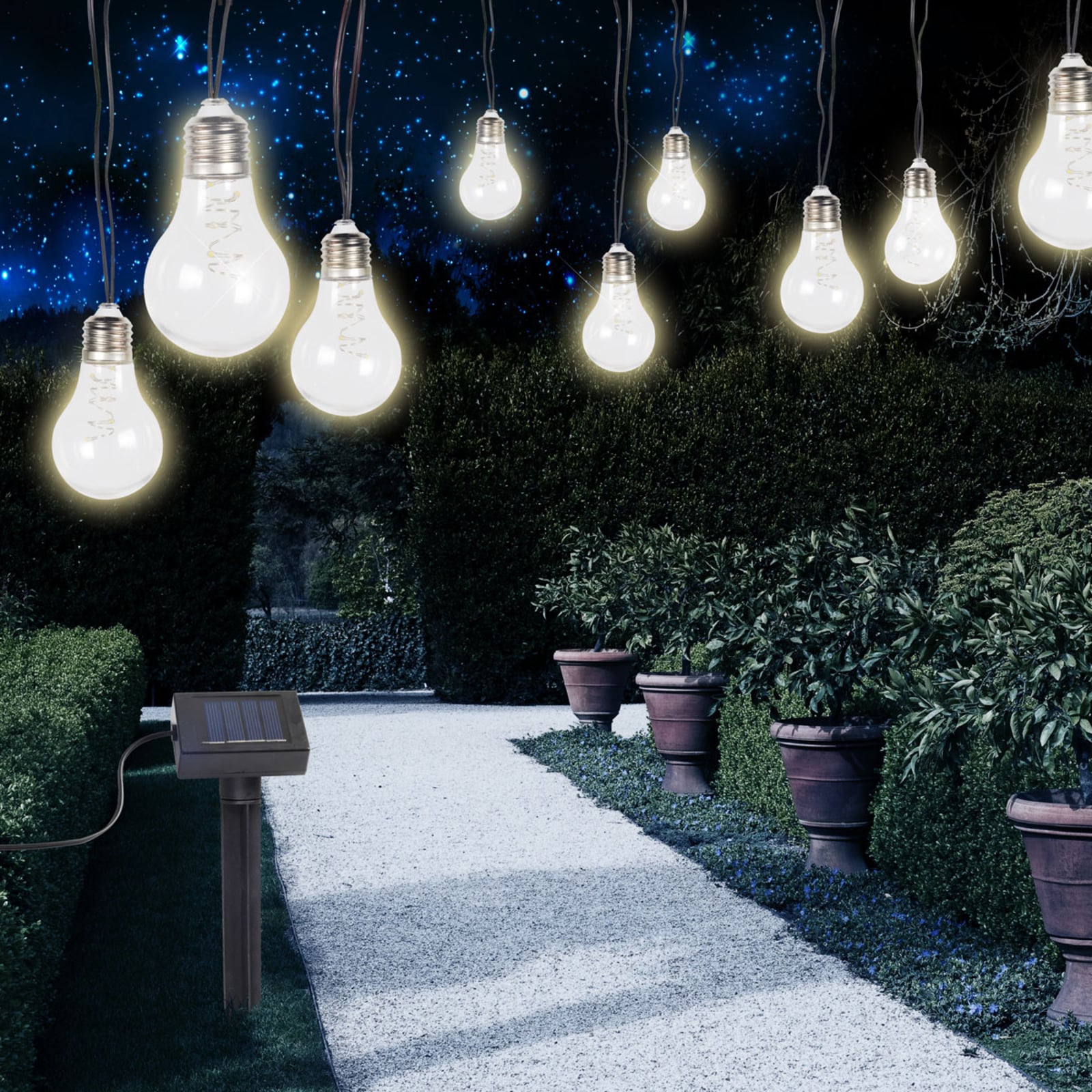 LED solcelle-lyslenke 10 lys varmhvit IP44 380 cm bakside