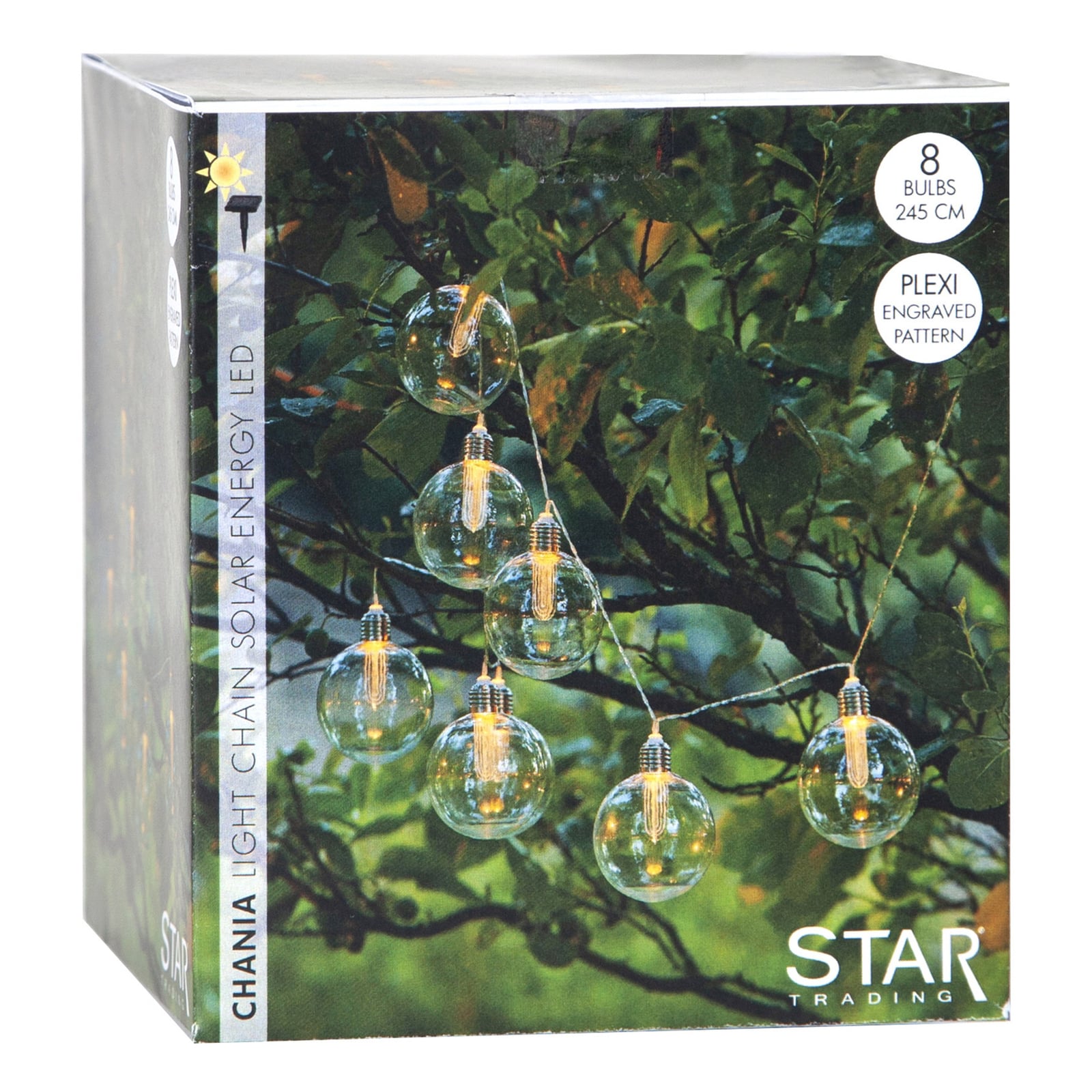 LED solcelle-lyslenke Chania 8 lys 245 cm IP44 - STAR TRADING panel og kabel