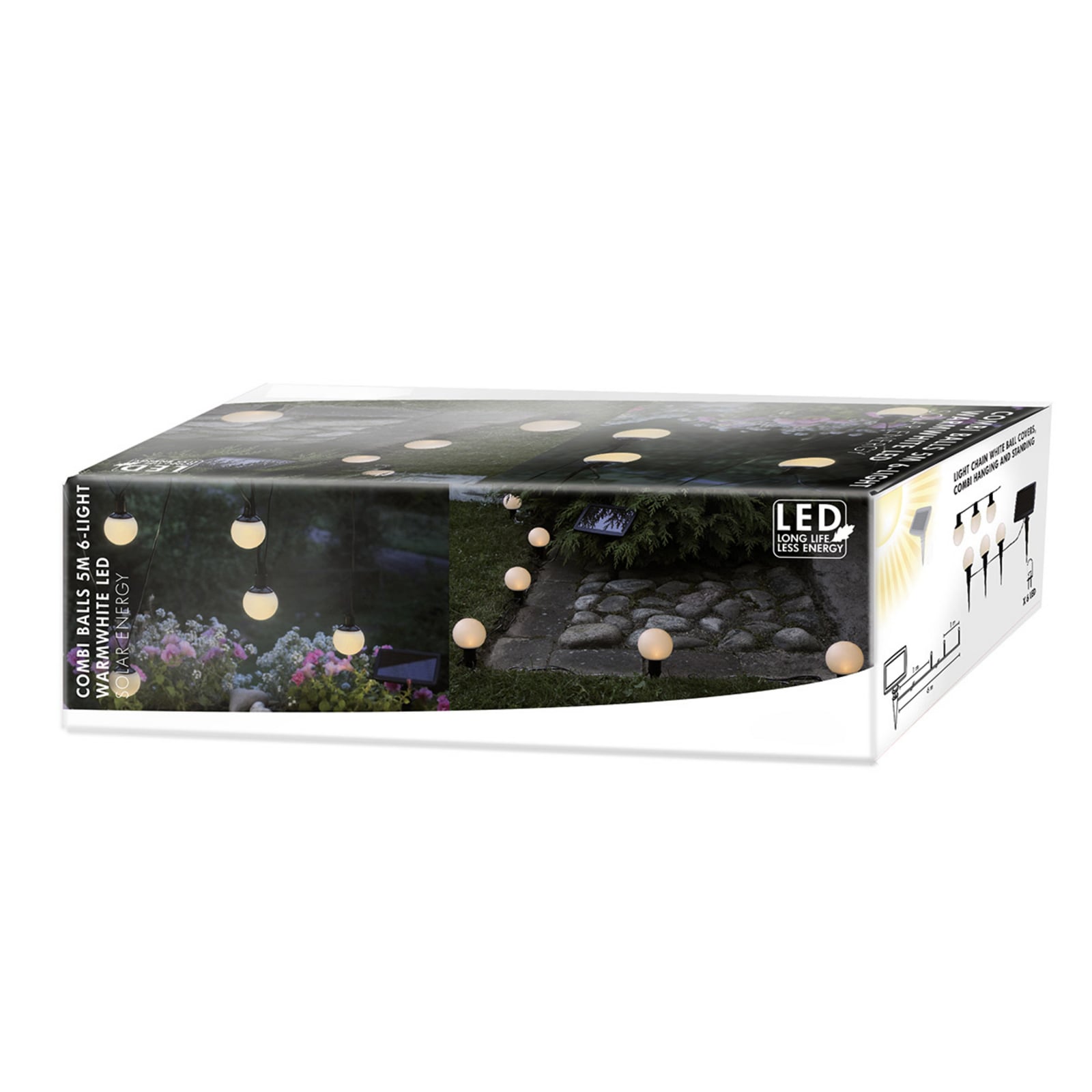 Visning av LED solcelle-lyslenke Combo 6 kuler med jordspyd IP44 i mørket
