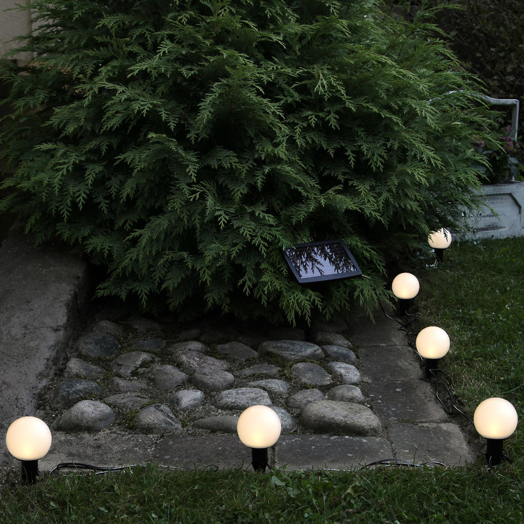 LED solcelle-lyslenke Combo 6 kuler med jordspyd IP44 kabeldetalj