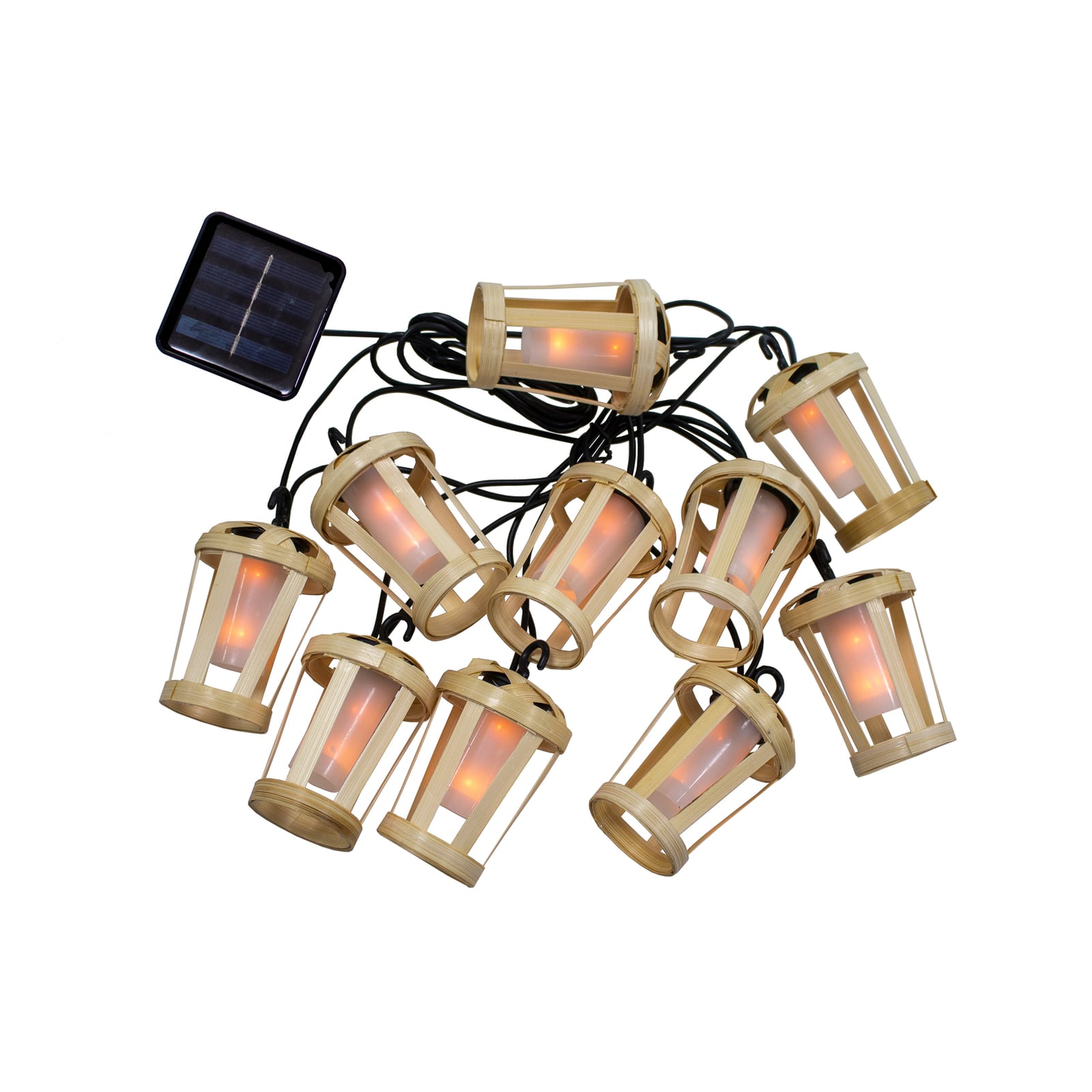LED solcelle-lyslenke Hiama bambus 10 lys IP44 med bambuslanterner