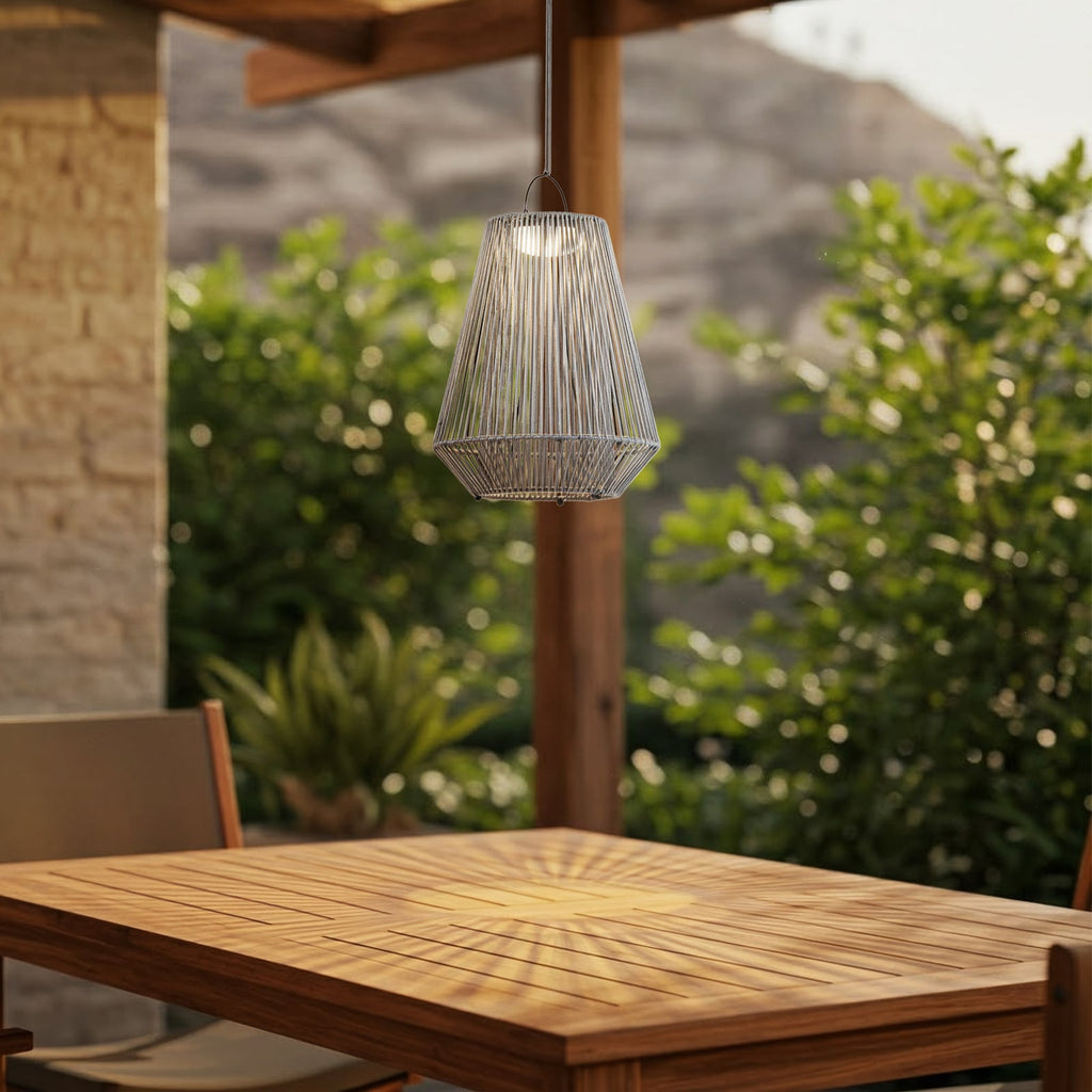 LED solcelle pendellampe Austas grå Ø32 cm dimbar IP54 bakside