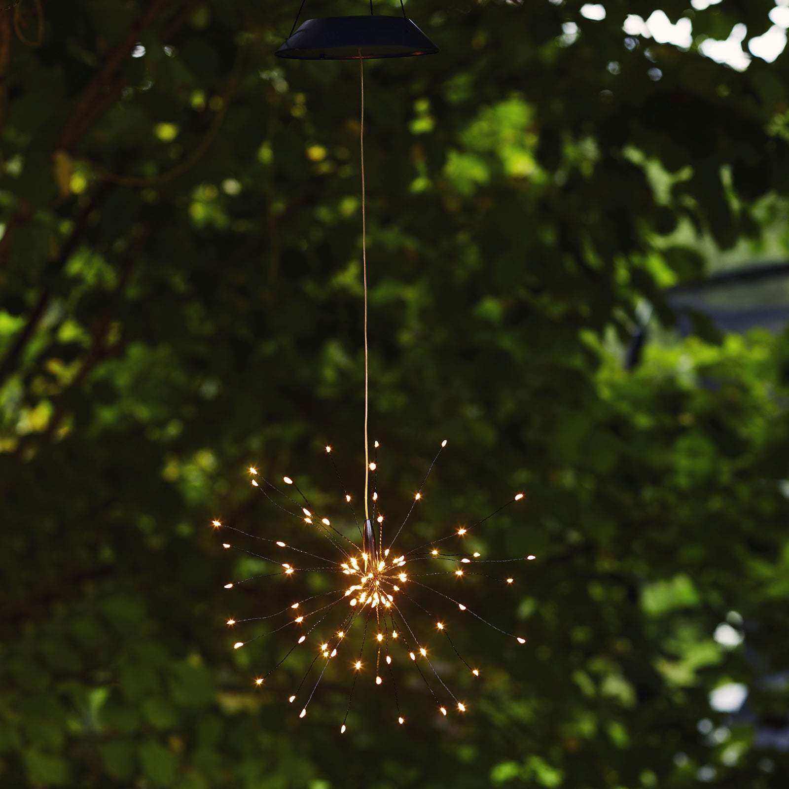 LED solcelle pendellampe Firework Ø26 cm svart IP44 bakside