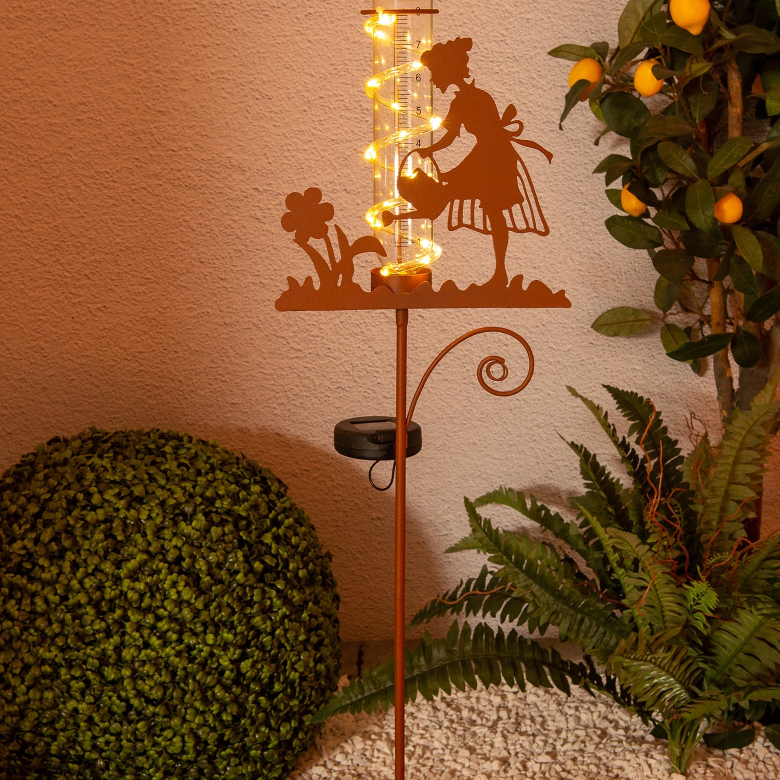 LED solcelle regnmåler jern/glass brun 95 cm framside