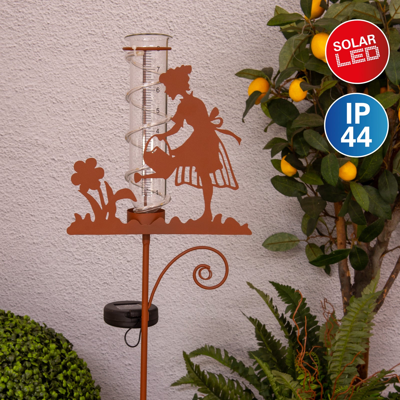 LED solcelle regnmåler jern/glass brun 95 cm med solcellepanel