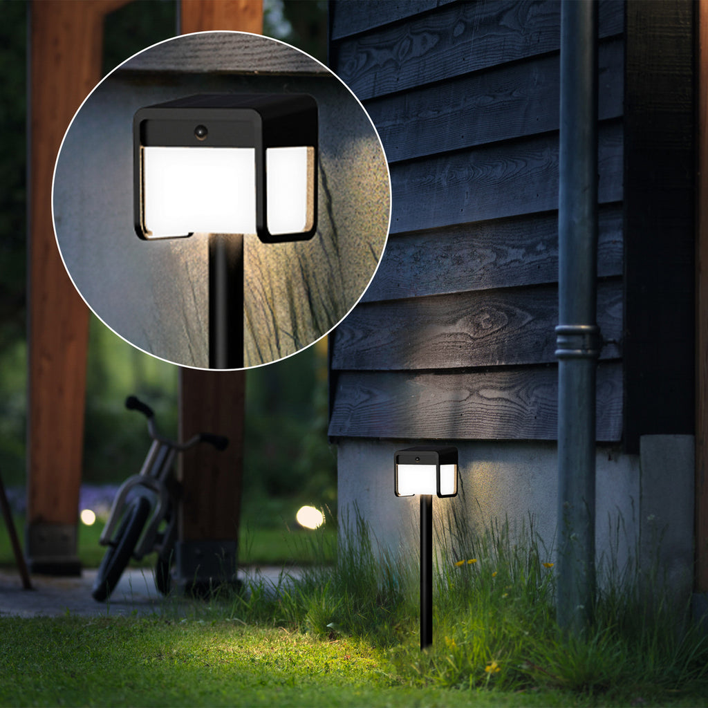 Nærbilde av LED solcelle spydlampe Ezra med bevegelsessensor svart IP44