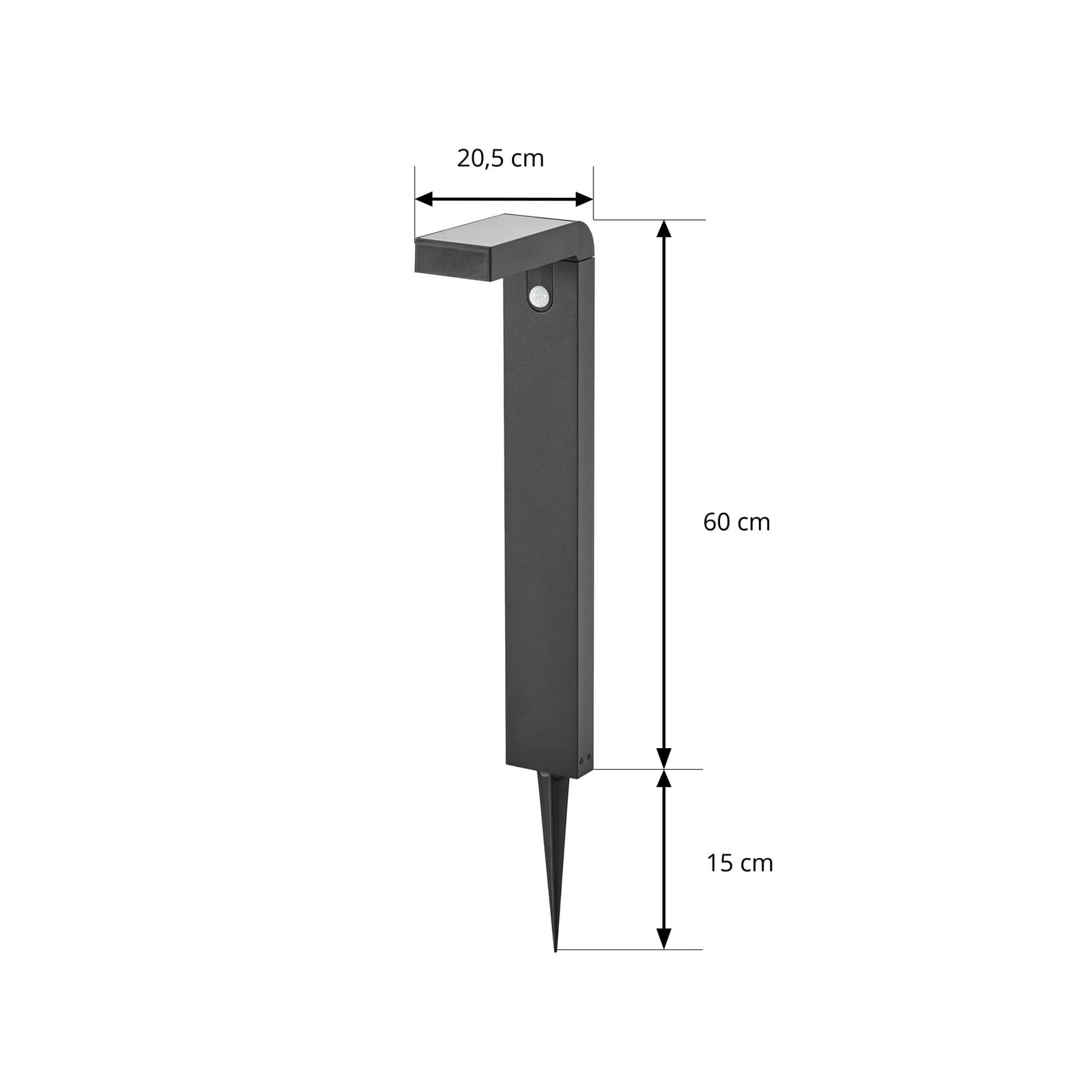 LED solcelle sti-lampe Aurino svart 75 cm detalj av bevegelsessensor