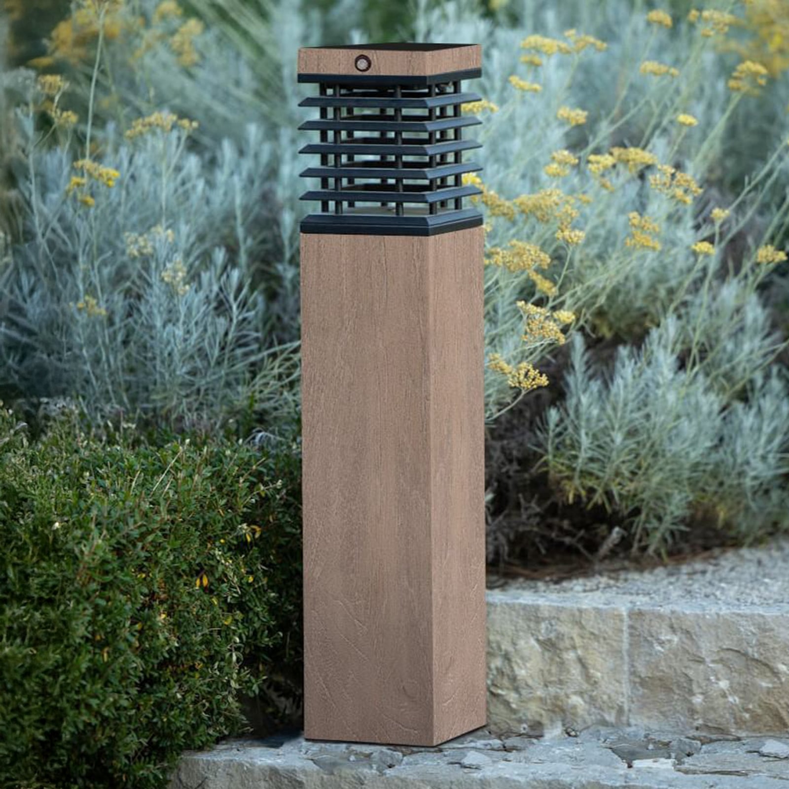 LED solcelle sti-lampe Tekura teak/grå 75 cm forfra