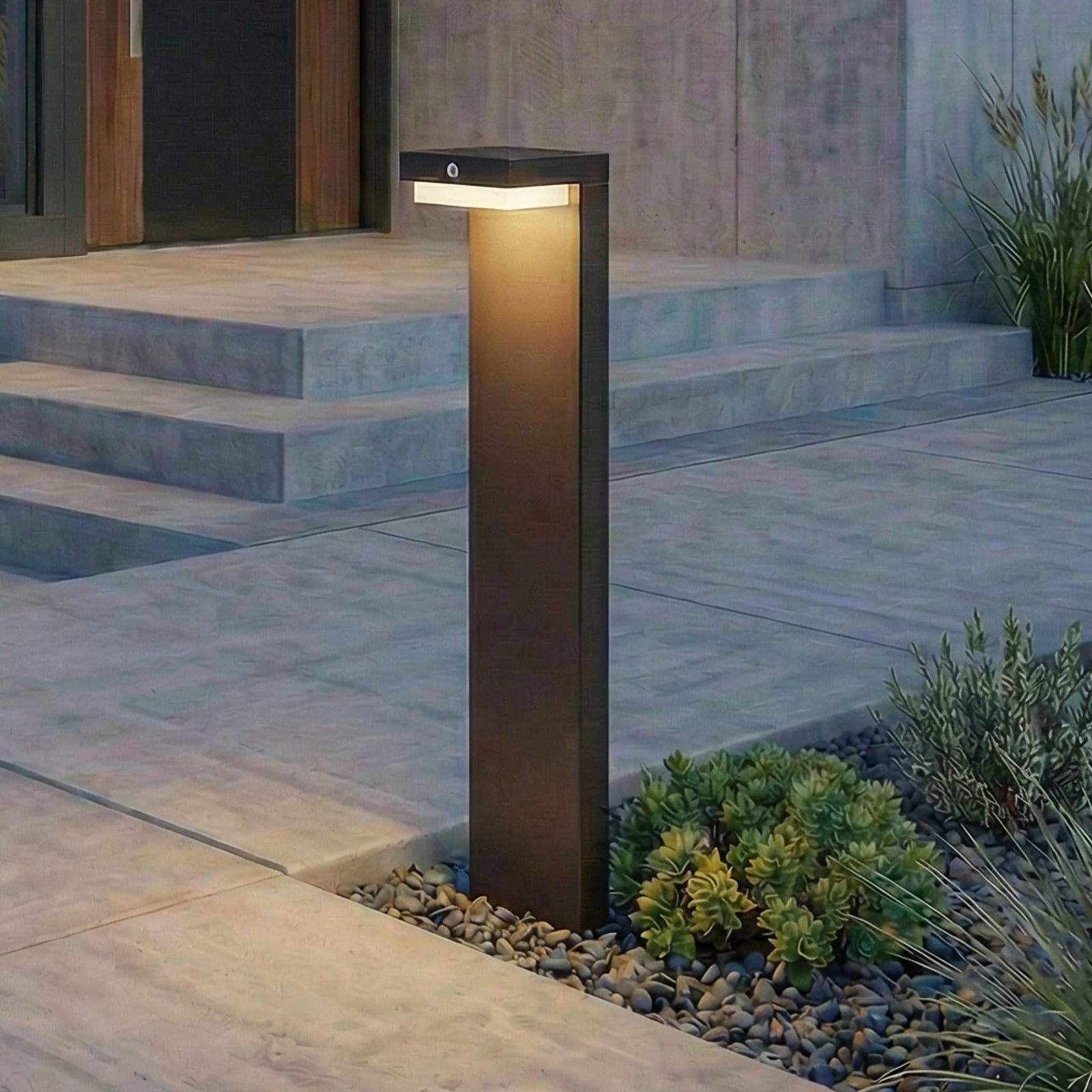 LED solcelle stolpelampe Eleazar med bevegelsessensor forfra