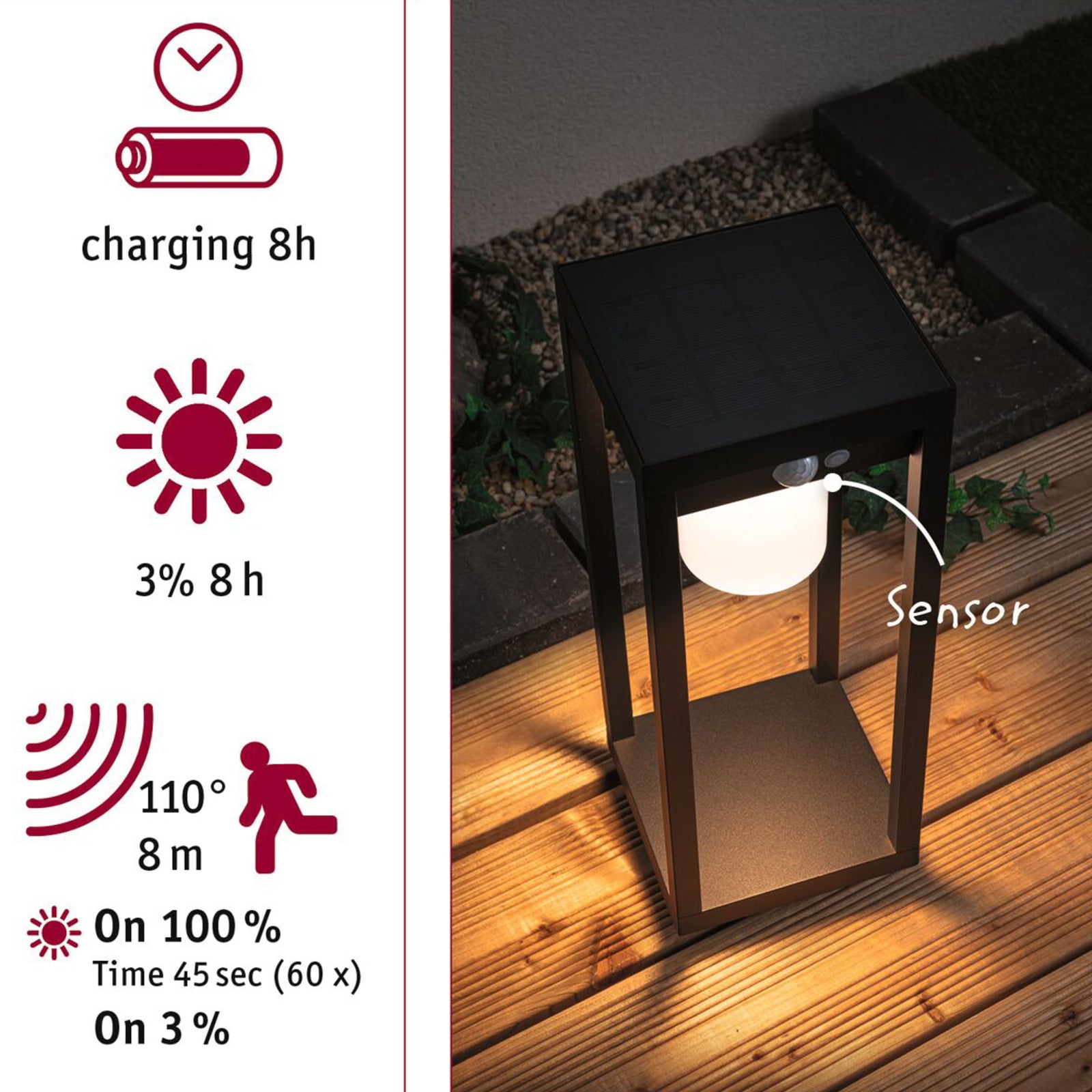 Montert LED solcelle stolpelampe Marisol med bevegelsessensor IP44 i hage