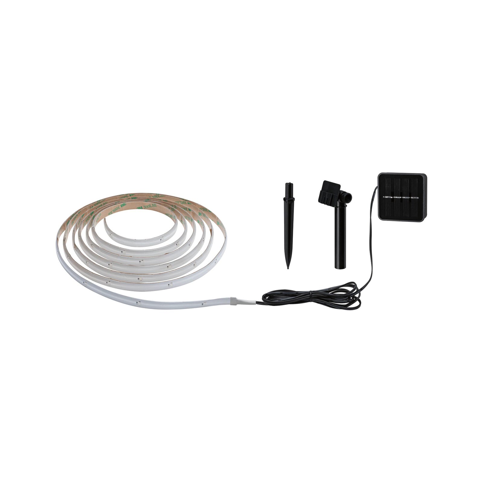 Pakkens innhold for LED solcelle-stripe 3 meter RGB IP44 med skumringssensor