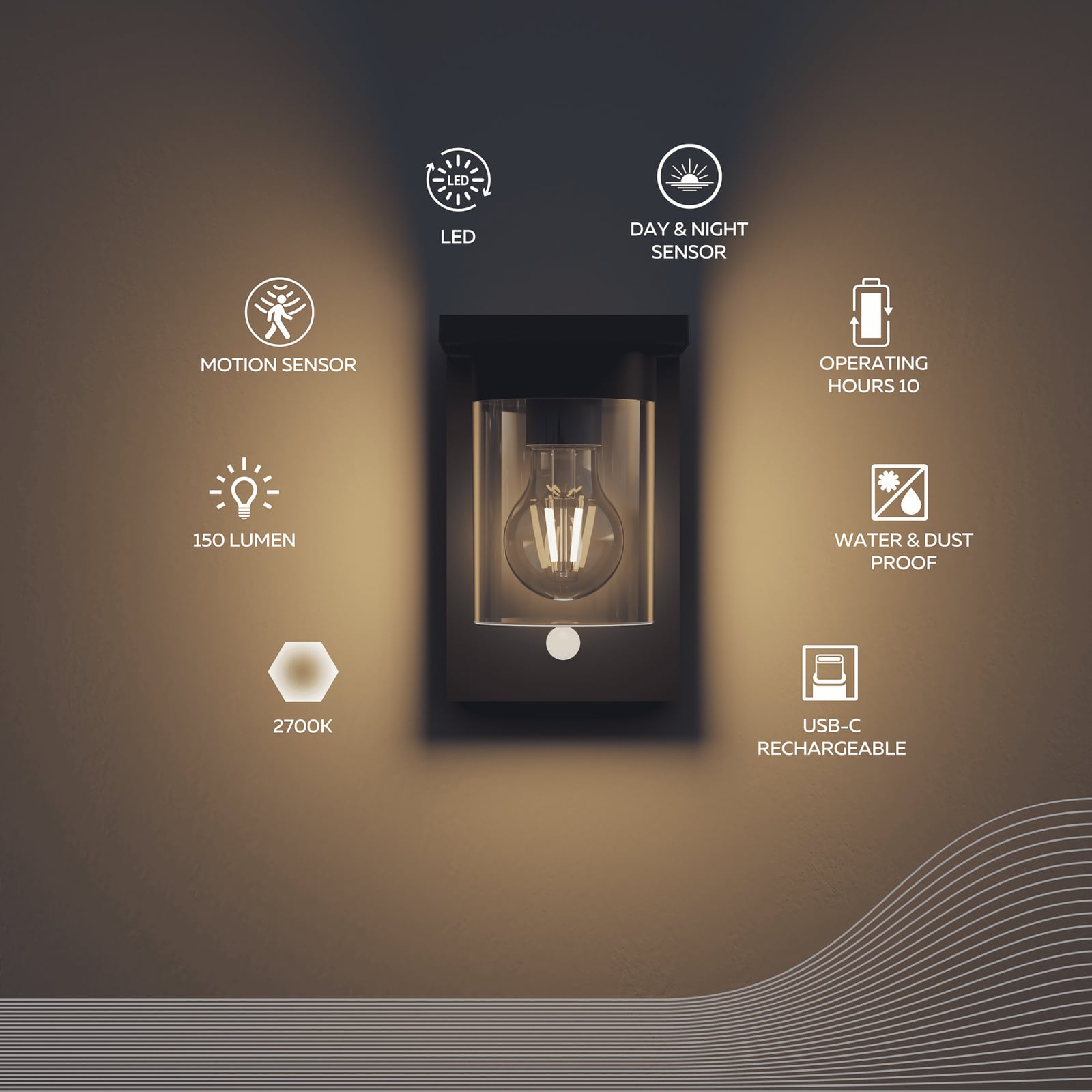 LED solcelle utevegglampe Asti med bevegelsessensor svart IP44 nærbilde av sensor