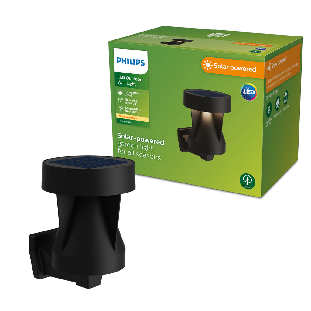 LED solcelle utevegglampe Avery svart IP44 1,8W varmhvit på vegg