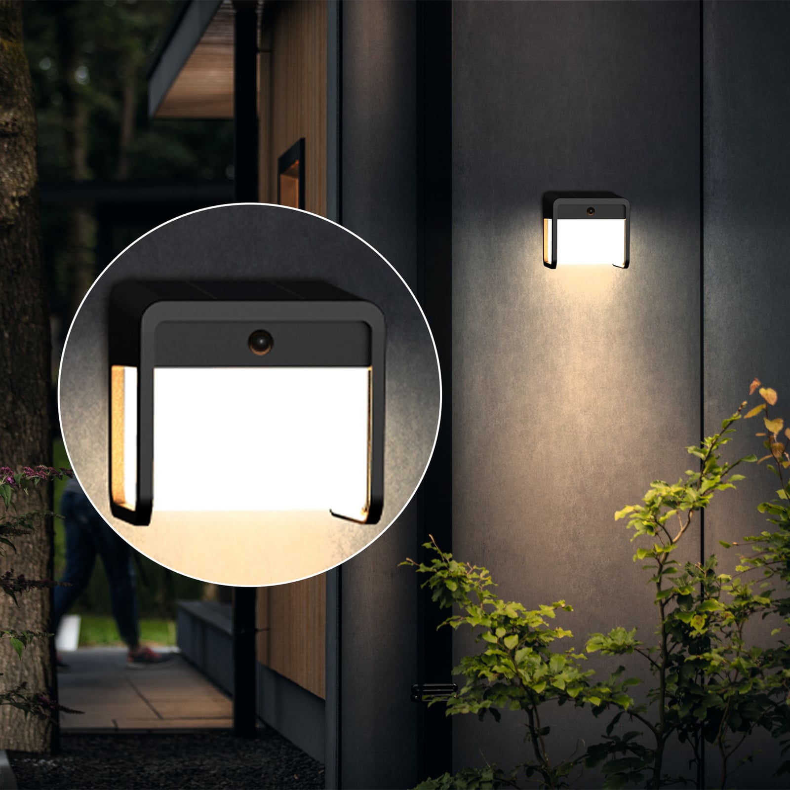 LED solcelle utevegglampe Ezra med bevegelsessensor svart IP44 nærbilde front