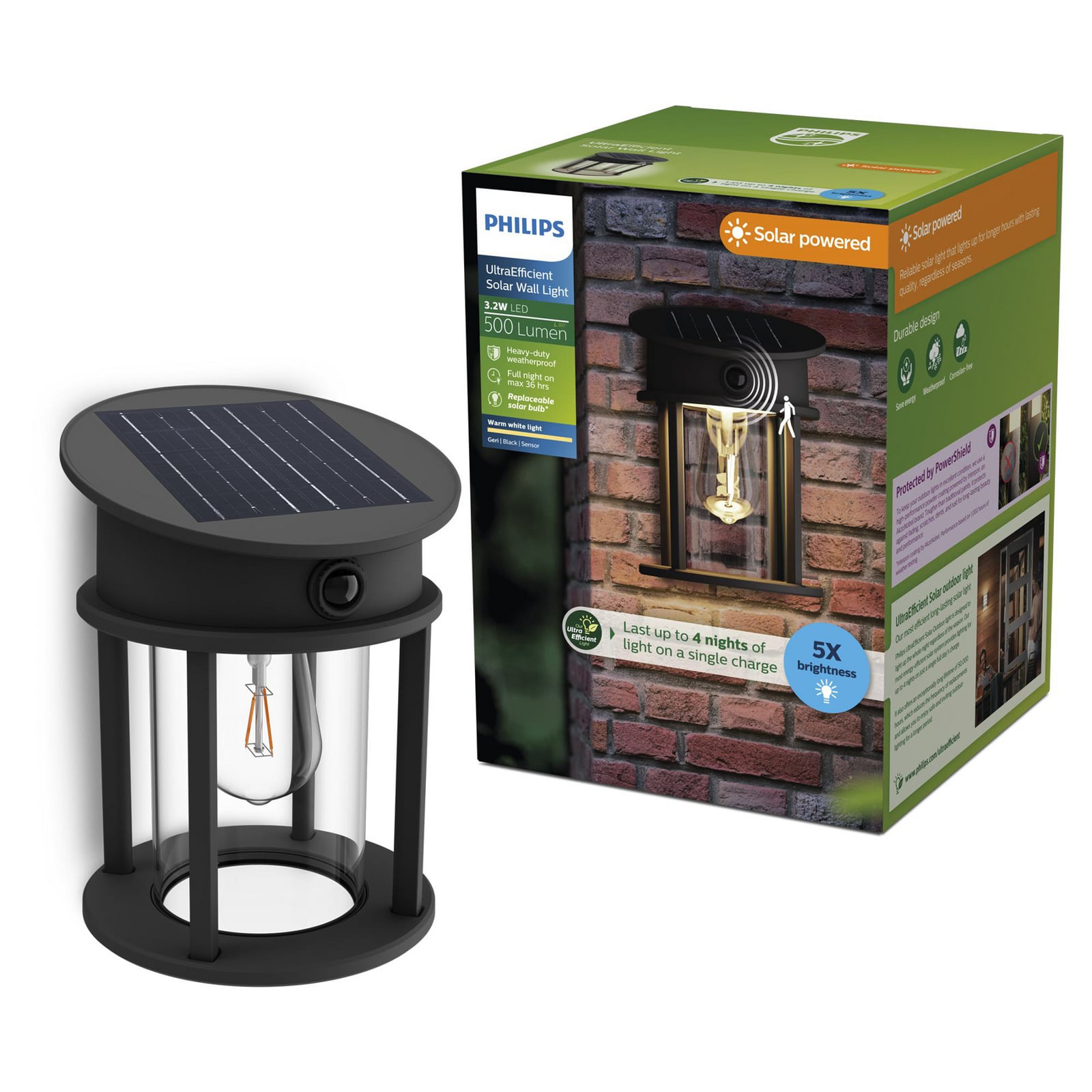 LED solcelle utevegglampe Geri rund med sensor svart IP44 - Philips installasjon
